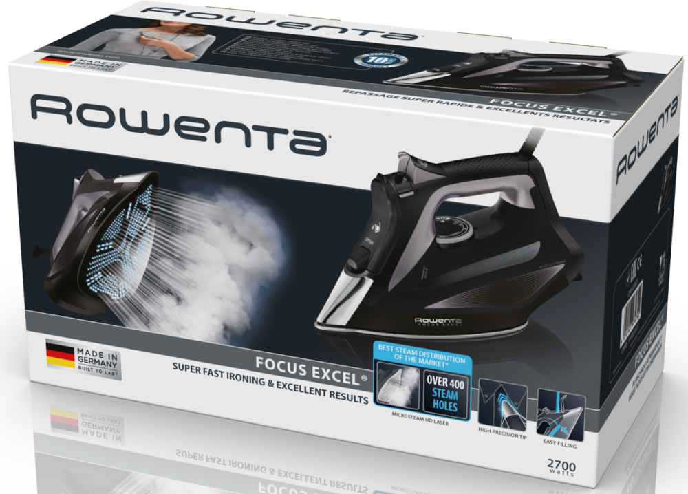 Boîte de fer à repasser avec fer noir et illustration de vapeur. Marque Rowenta.