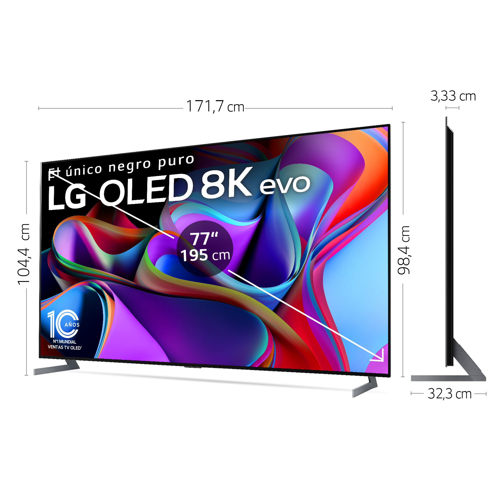 Televisor de pantalla curva grande con dimensiones y detalles de la marca.