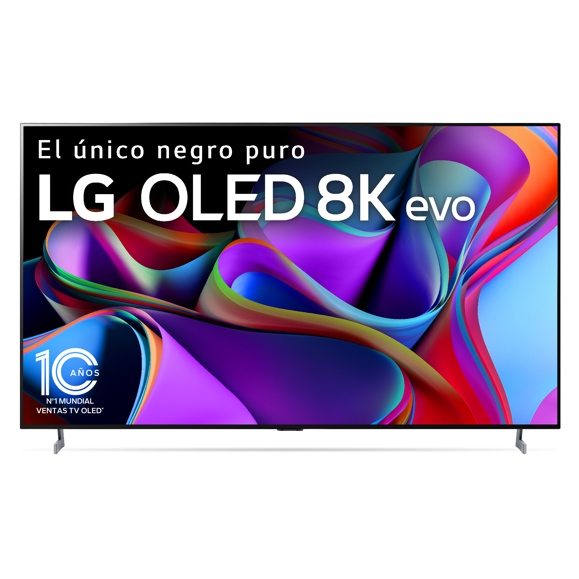 Televisor LG OLED 8K evo mostrando arte abstracto colorido.