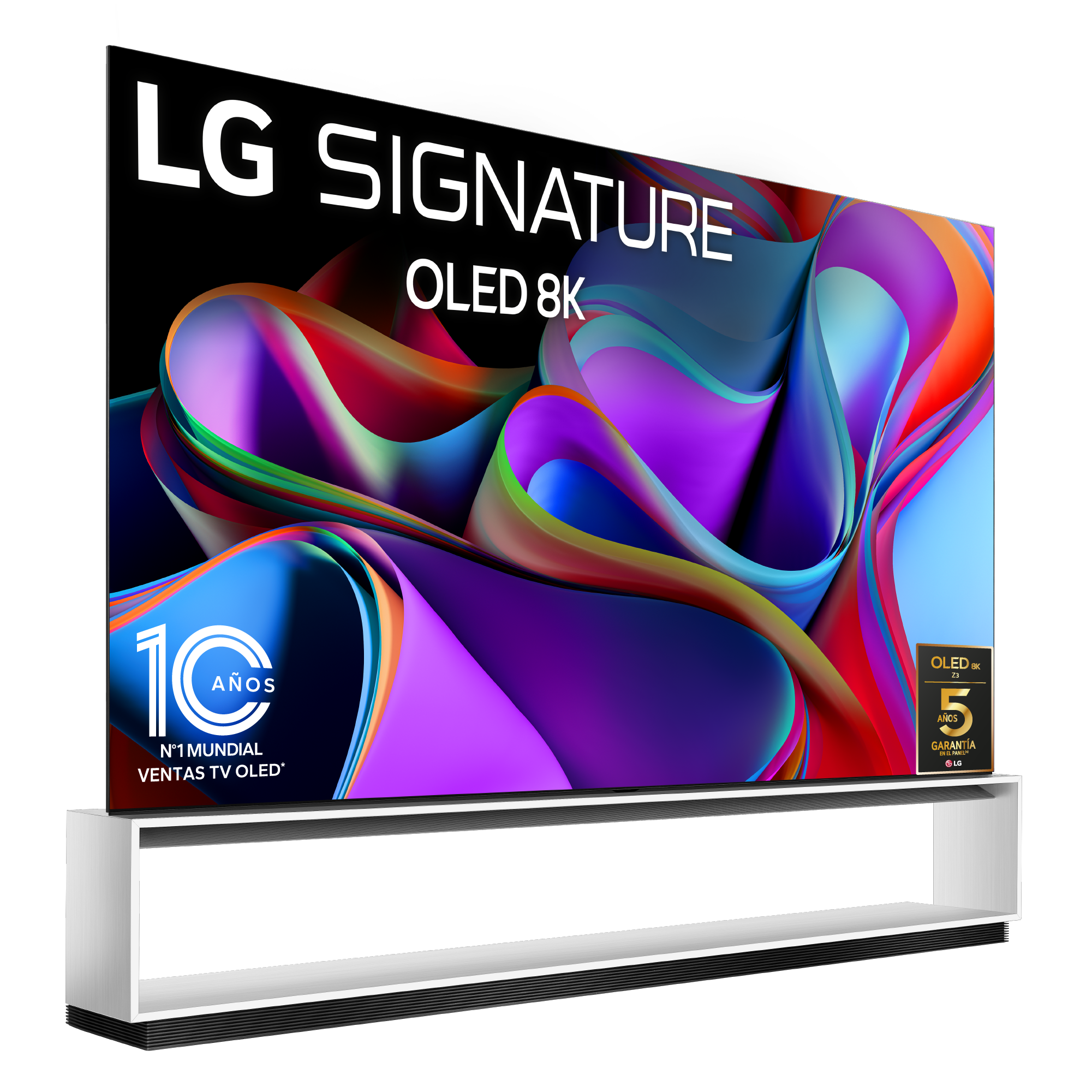 TV LG Signature OLED 8K en soporte blanco, con arte abstracto colorido en pantalla, fondo negro.