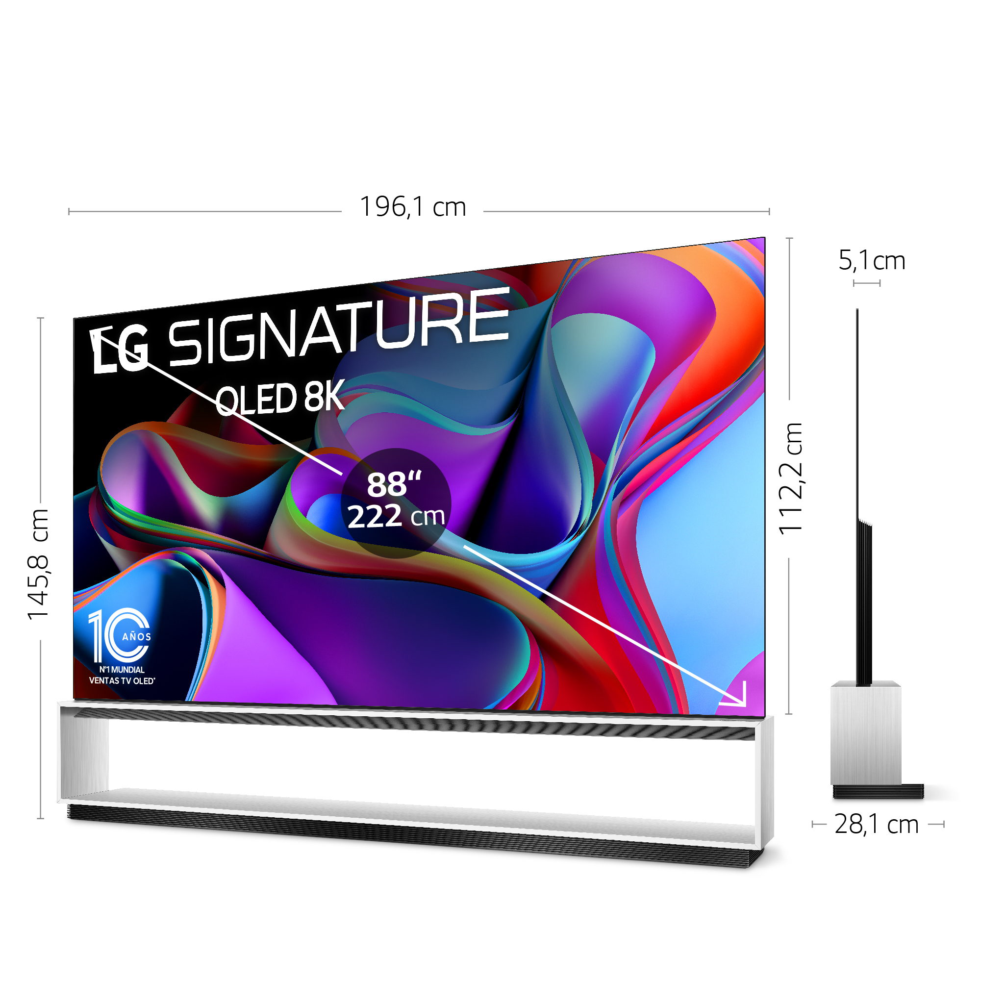 TV LG OLED 8K con dimensiones y soporte, en blanco.