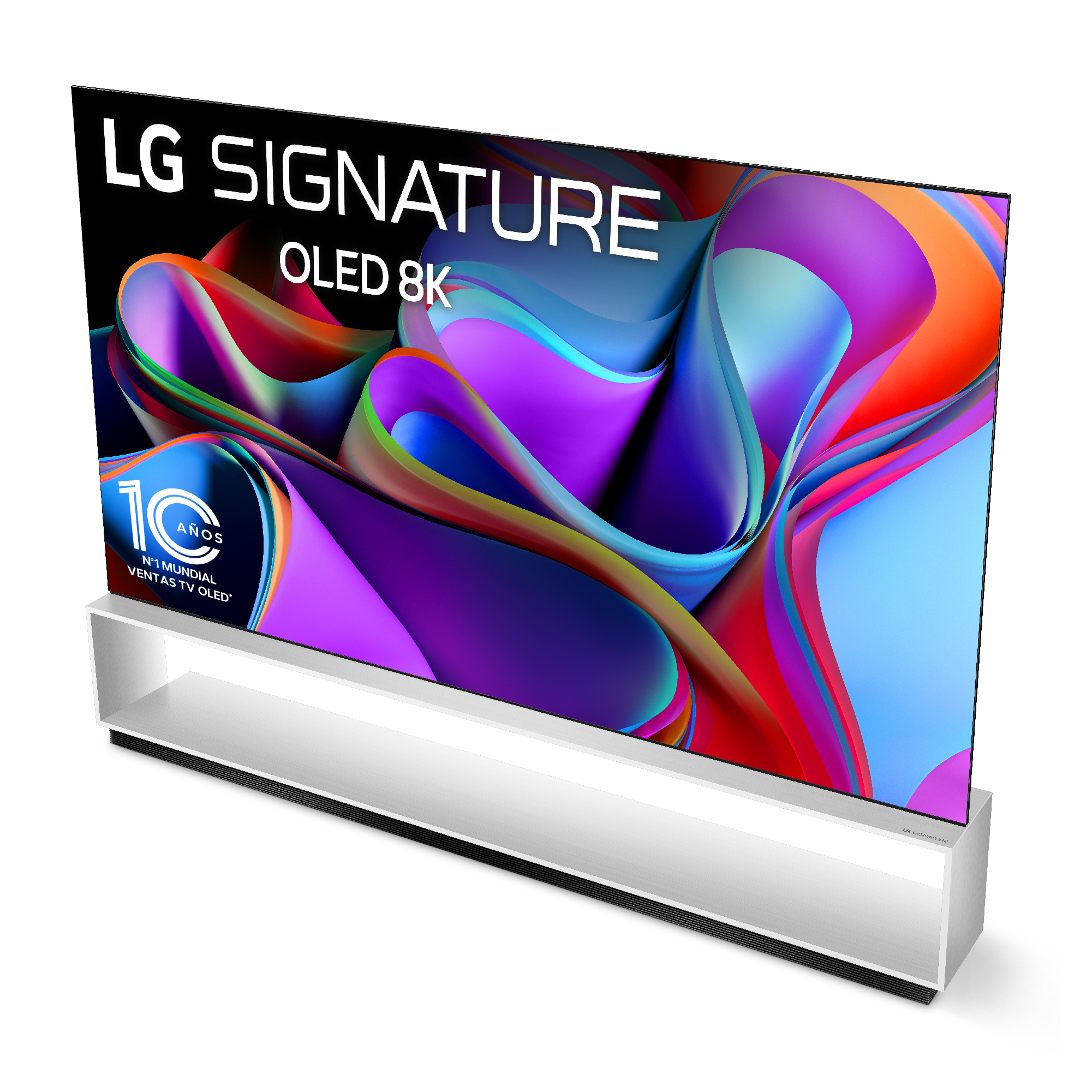 Televisor LG OLED 8K con arte abstracto colorido en la pantalla. Soporte blanco y fondo blanco.