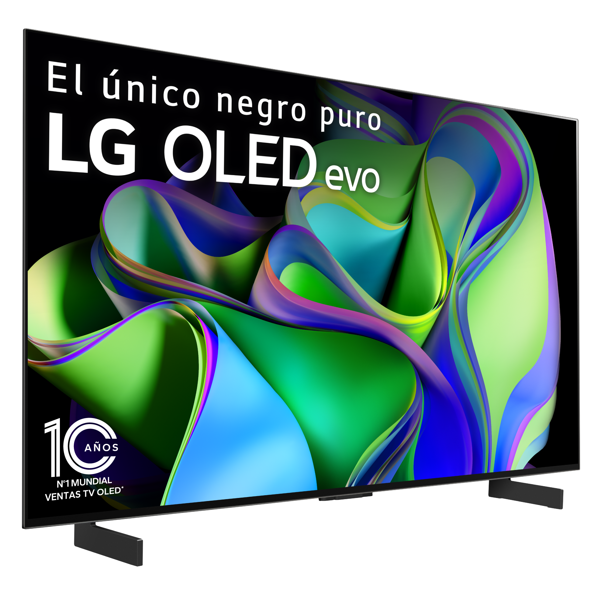 Un televisor LG OLED evo con un diseño verde y azul y soportes negros.