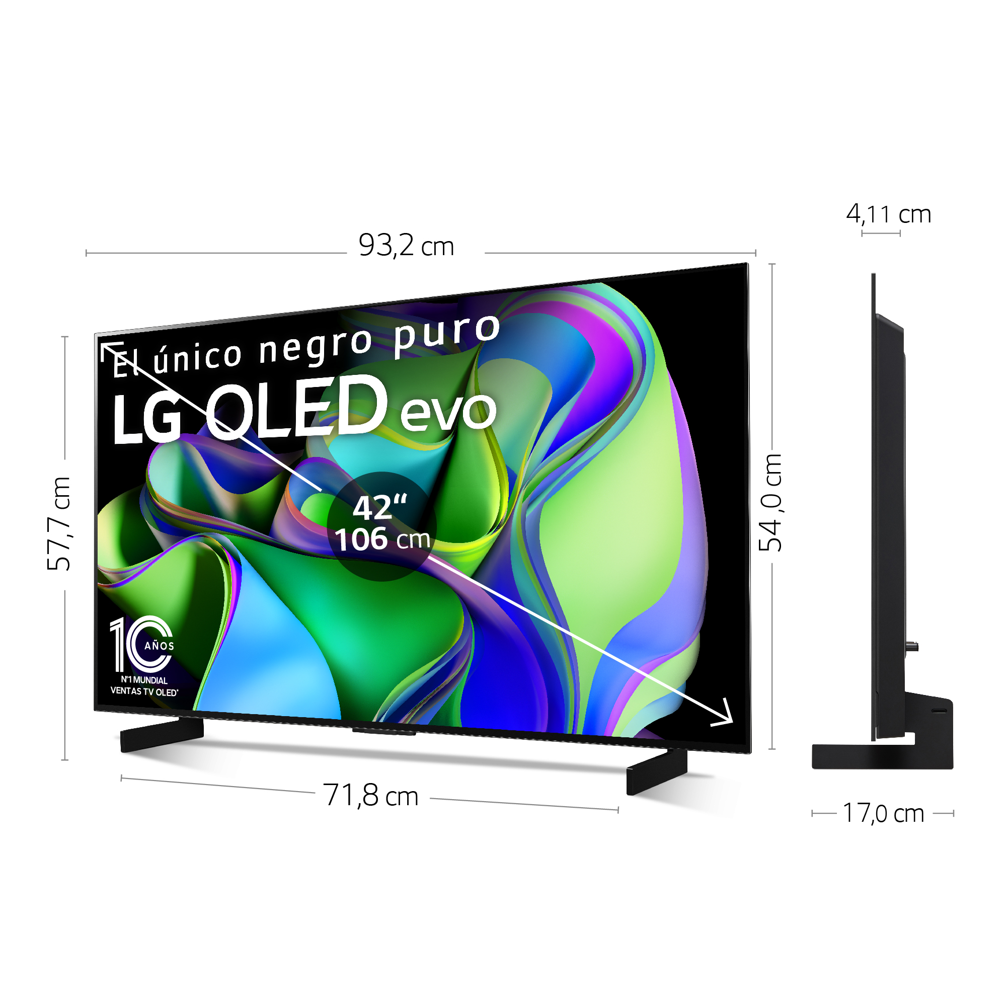 Un televisor LG OLED evo de 42 pulgadas con dimensiones etiquetadas, que muestra una imagen abstracta colorida.