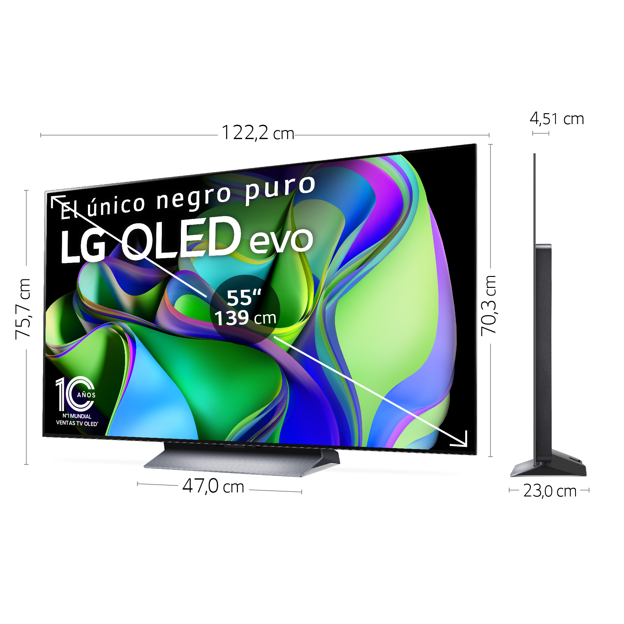 TV LG OLED evo mostrando dimensiones, fondo blanco. Texto en español.
