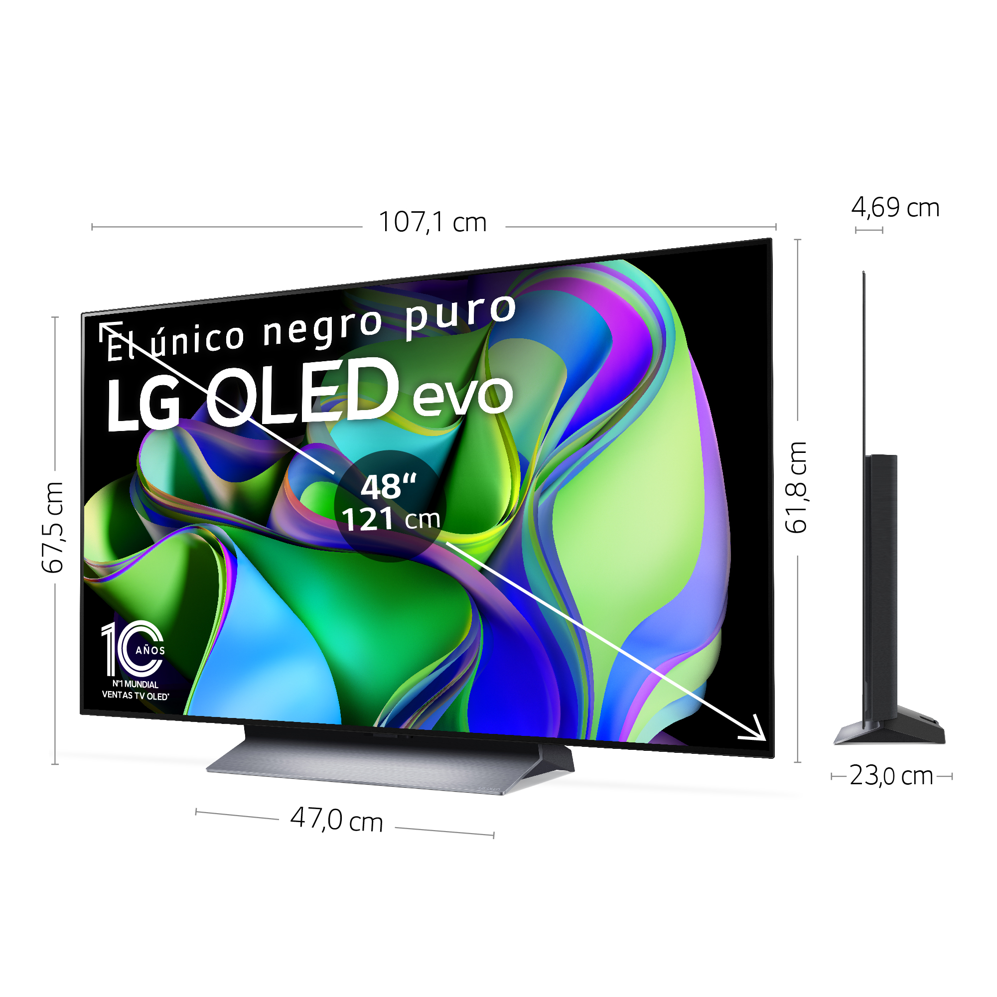 Un televisor OLED grande, dimensiones mostradas, con texto en español, sobre un fondo blanco.