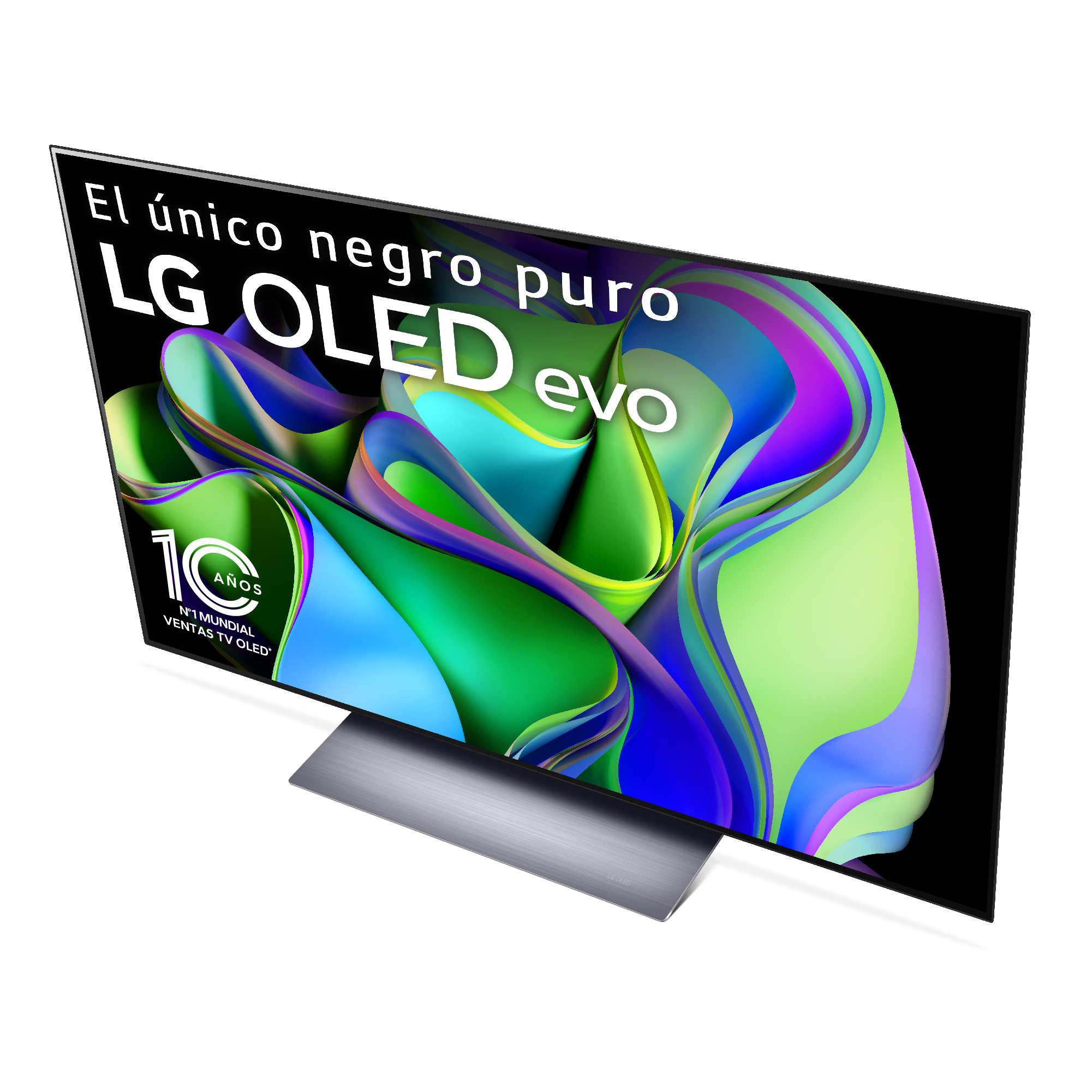 Un televisor LG OLED evo muestra una imagen abstracta vibrante. El soporte es plateado. Texto en español.