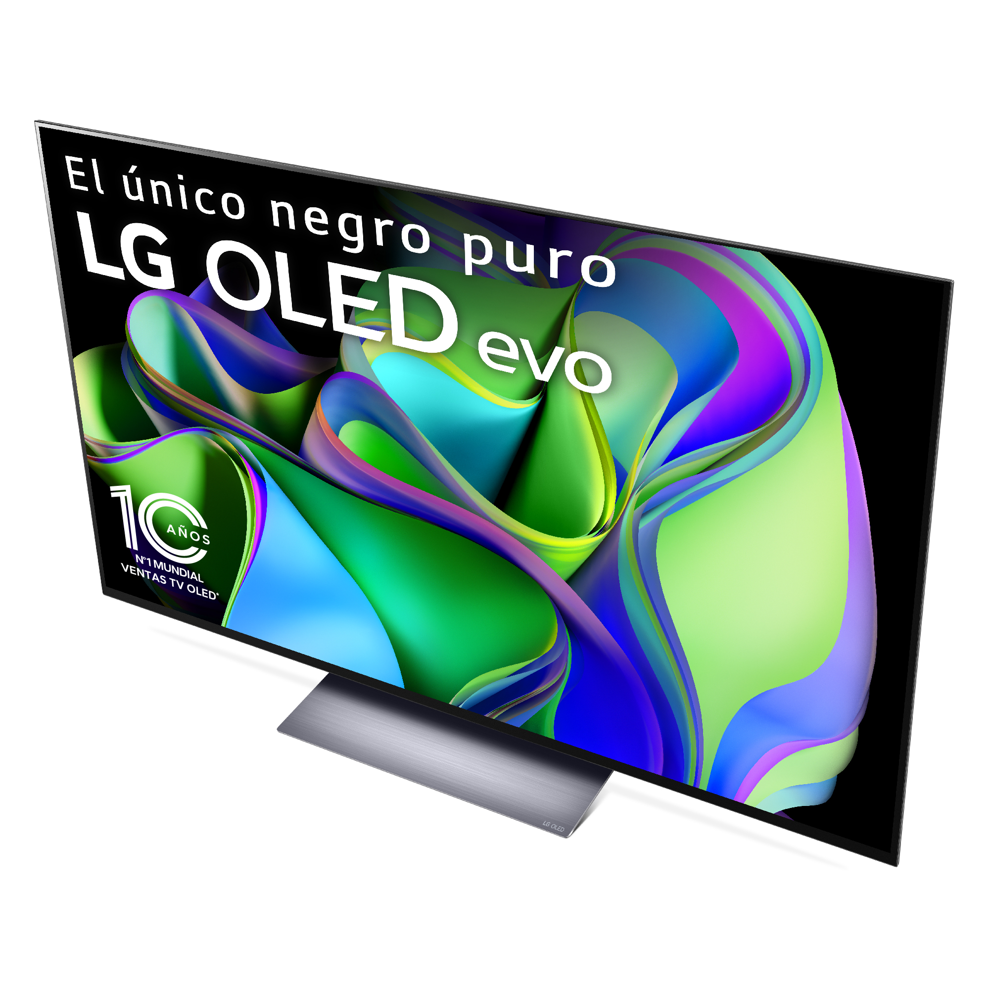 Una pantalla de TV con arte abstracto colorido y el logo LG OLED evo.