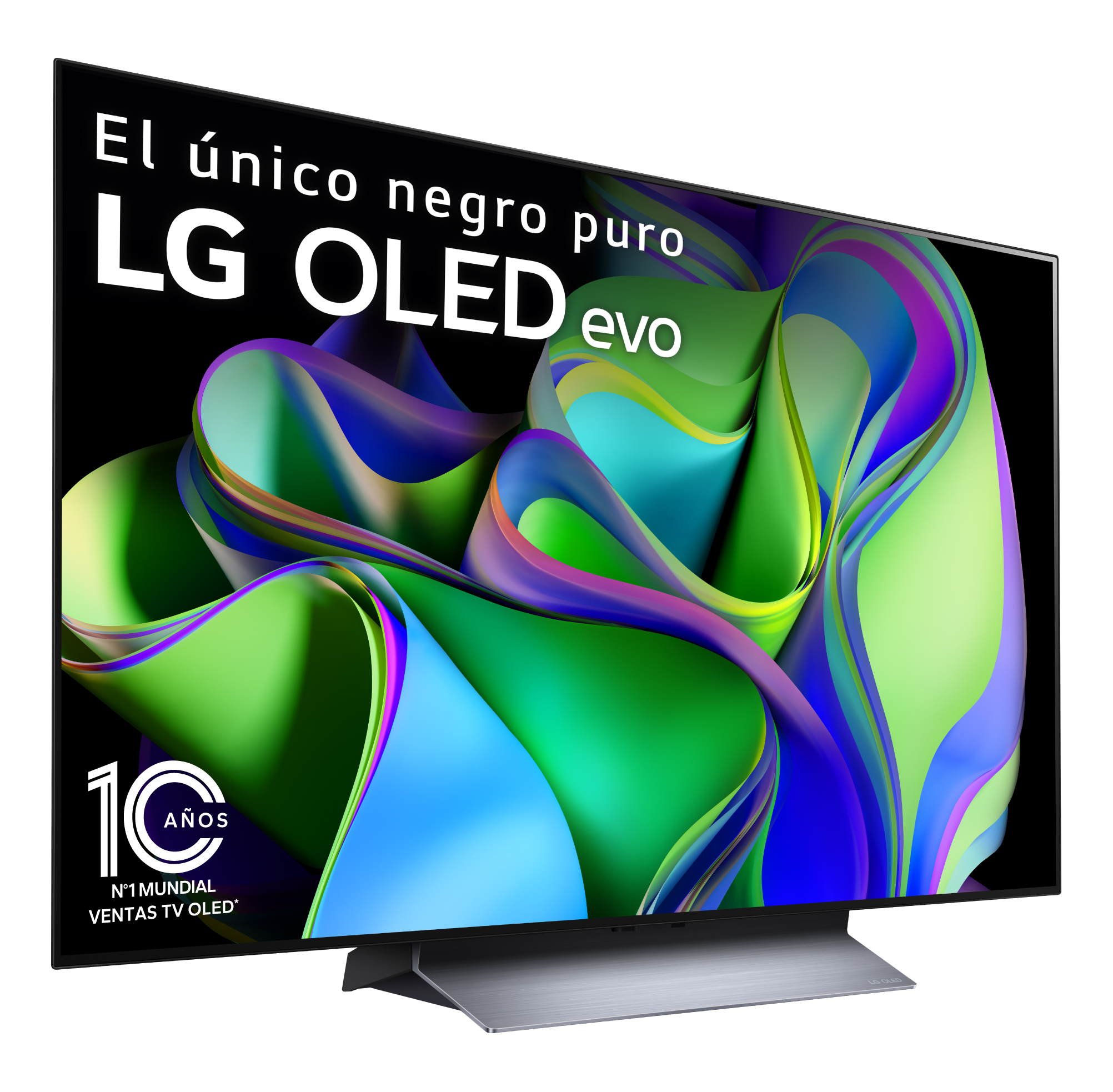 TV LG OLED evo con fondo abstracto y colorido.