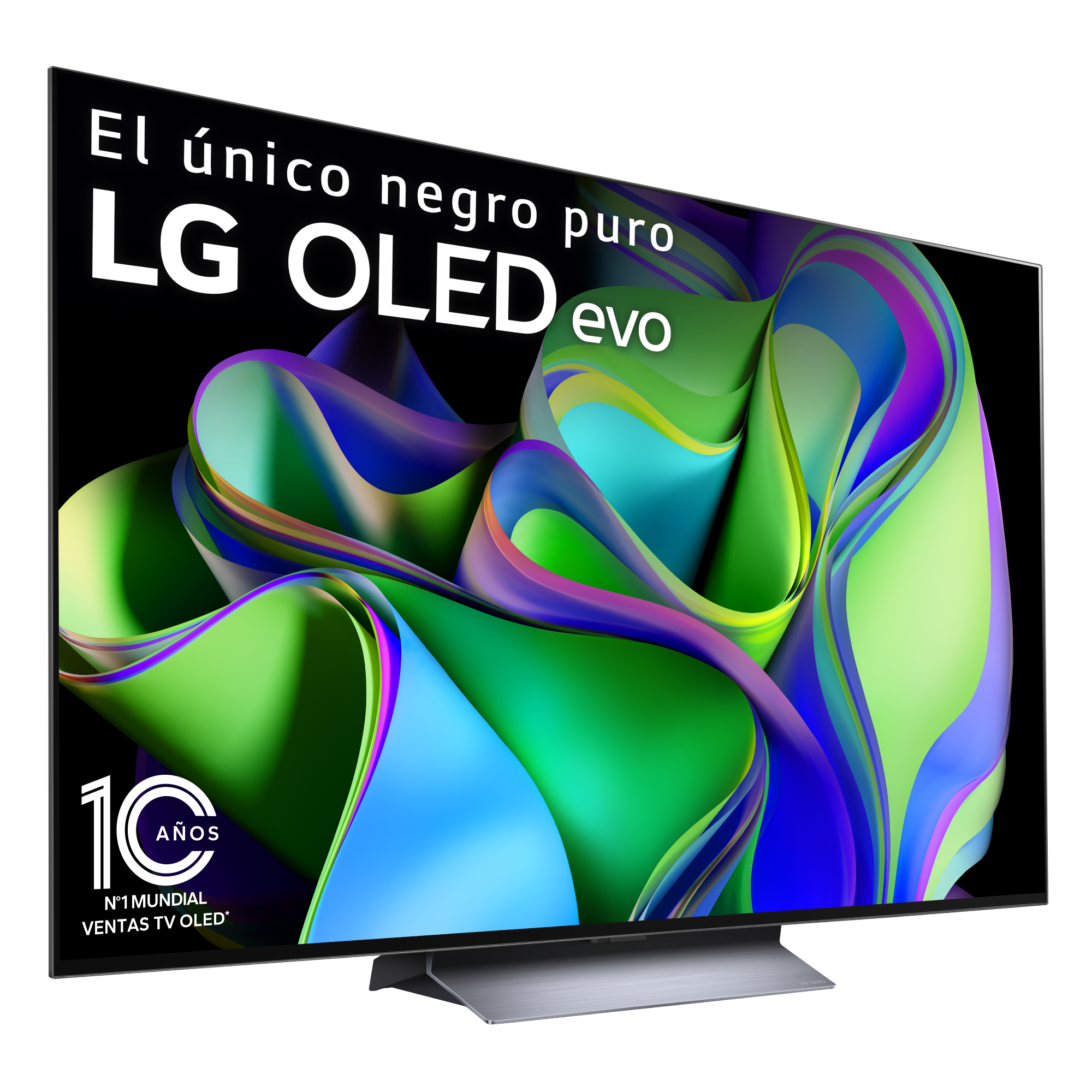 Un televisor LG OLED evo muestra arte abstracto colorido. El televisor tiene un soporte plateado.