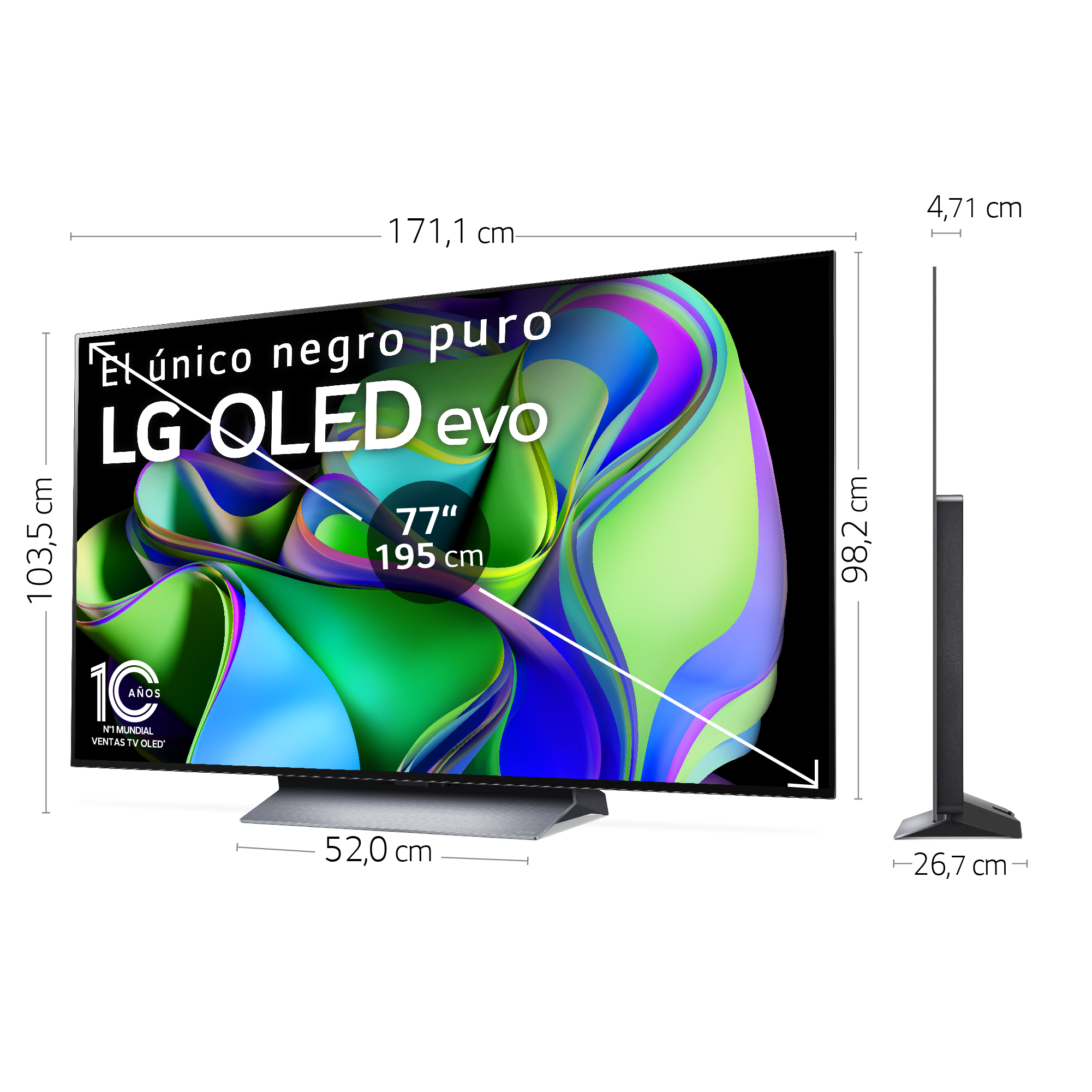 Pantalla de TV grande que muestra arte abstracto colorido. Dimensiones y texto visibles.