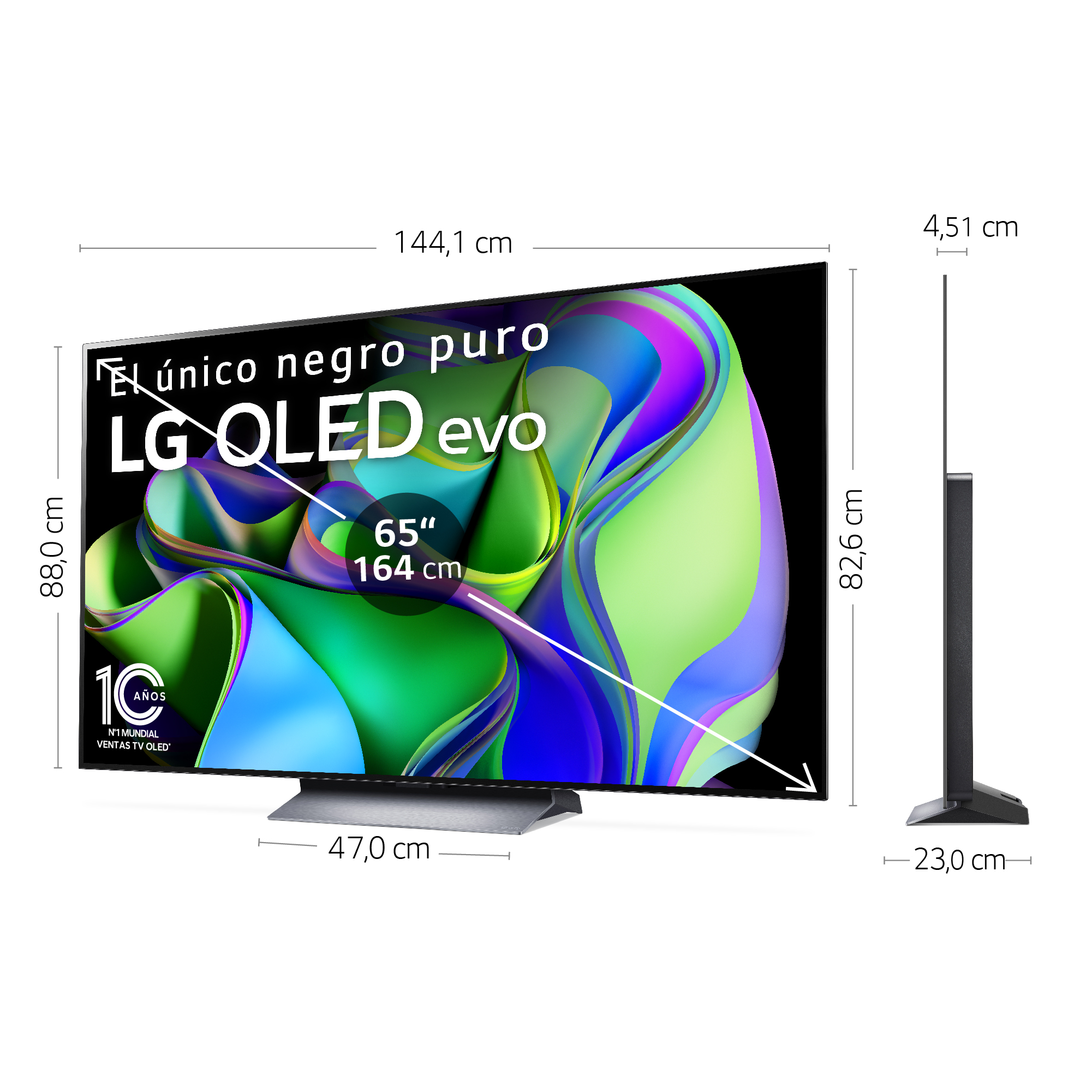 Televisor LG OLED evo. Dimensiones mostradas con texto. Marco y soporte negros.