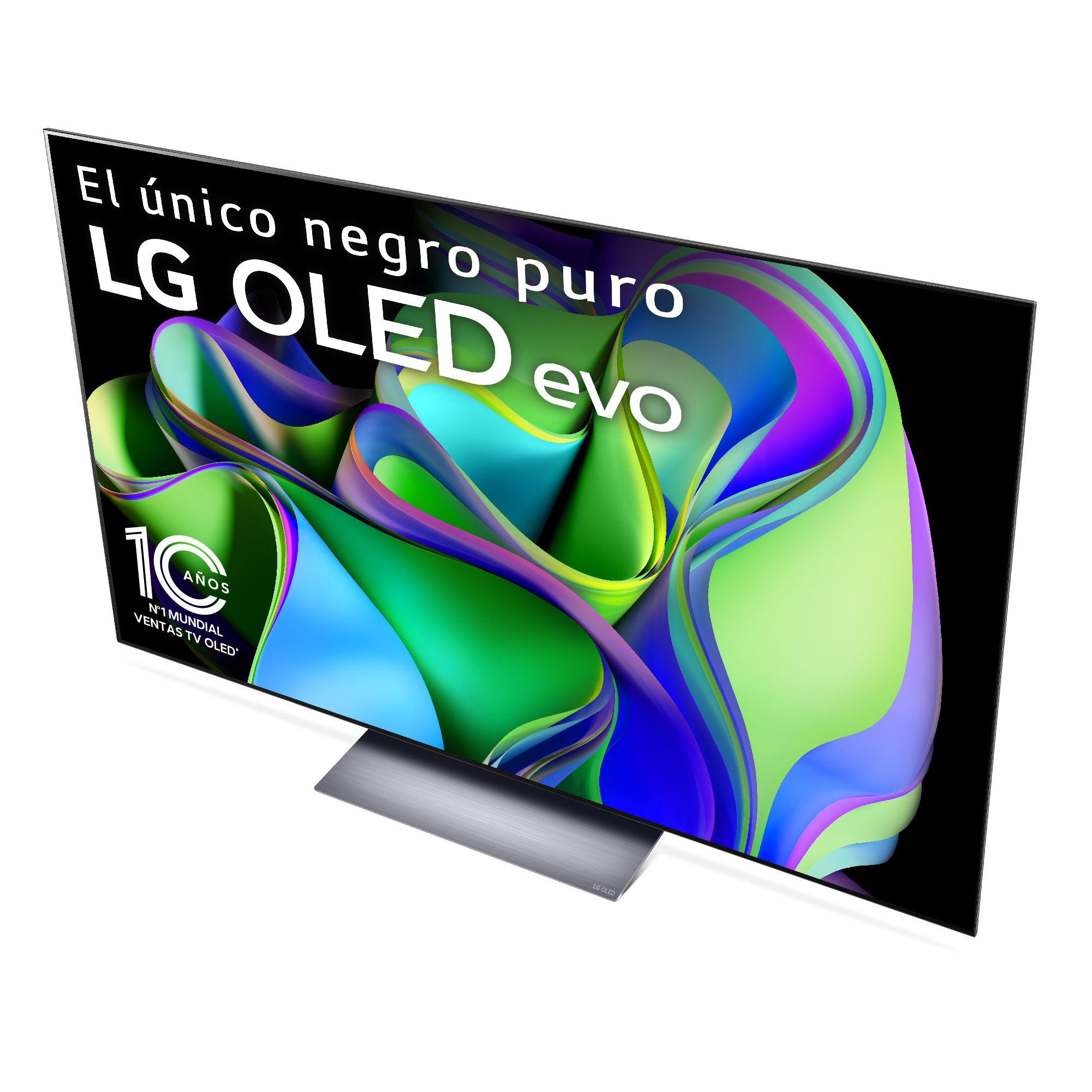 Portátil Acer plateado con pantalla OLED que muestra arte abstracto colorido, abierto sobre una superficie blanca.