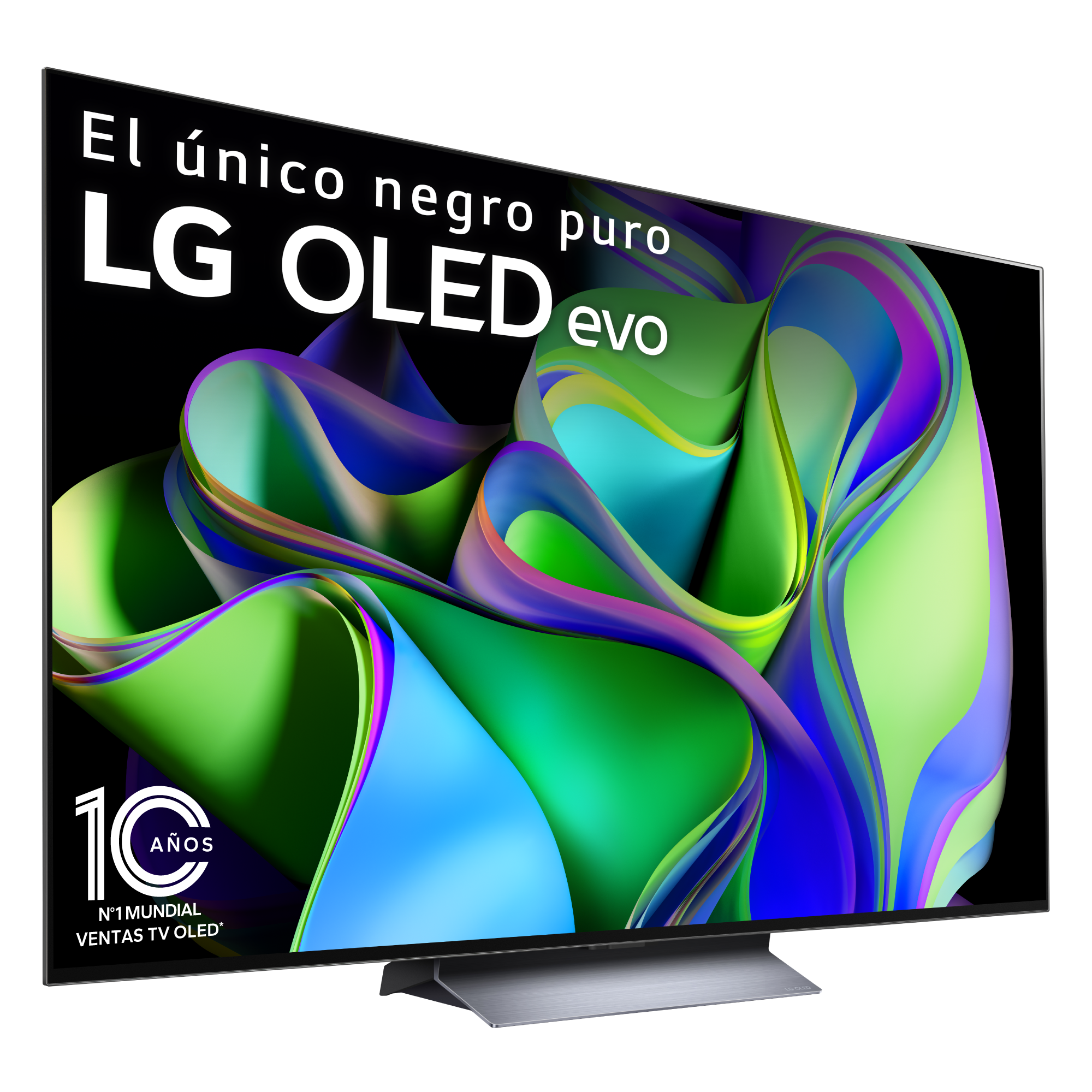 Una pantalla de TV mostrando arte abstracto colorido, con la marca 'LG OLED evo'.