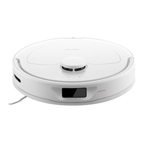 Beyaz robot süpürge. Siyah bir ekranla yuvarlak bir şekle sahiptir. Süpürge beyaz bir yüzey üzerinde.