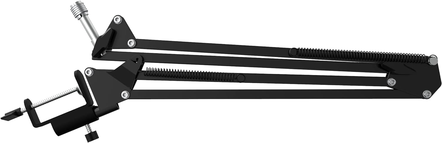 Brazo de micrófono negro con pinza. Tiene resortes y es ajustable.