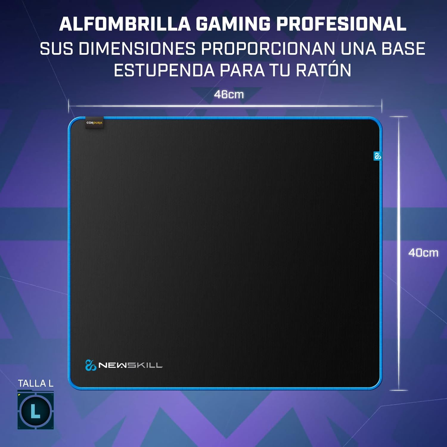 Alfombrilla de ratón para juegos negra y azul con dimensiones y logotipo sobre fondo blanco.