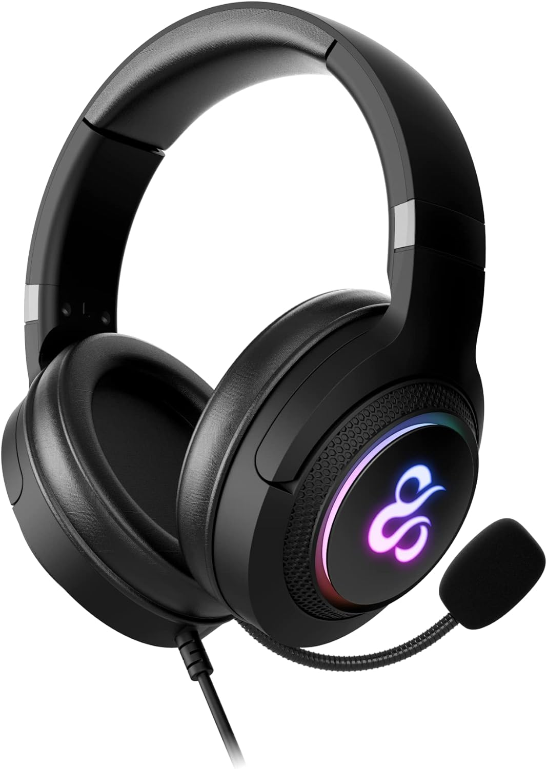 Auriculares para juegos negros con micrófono y logotipo brillante.