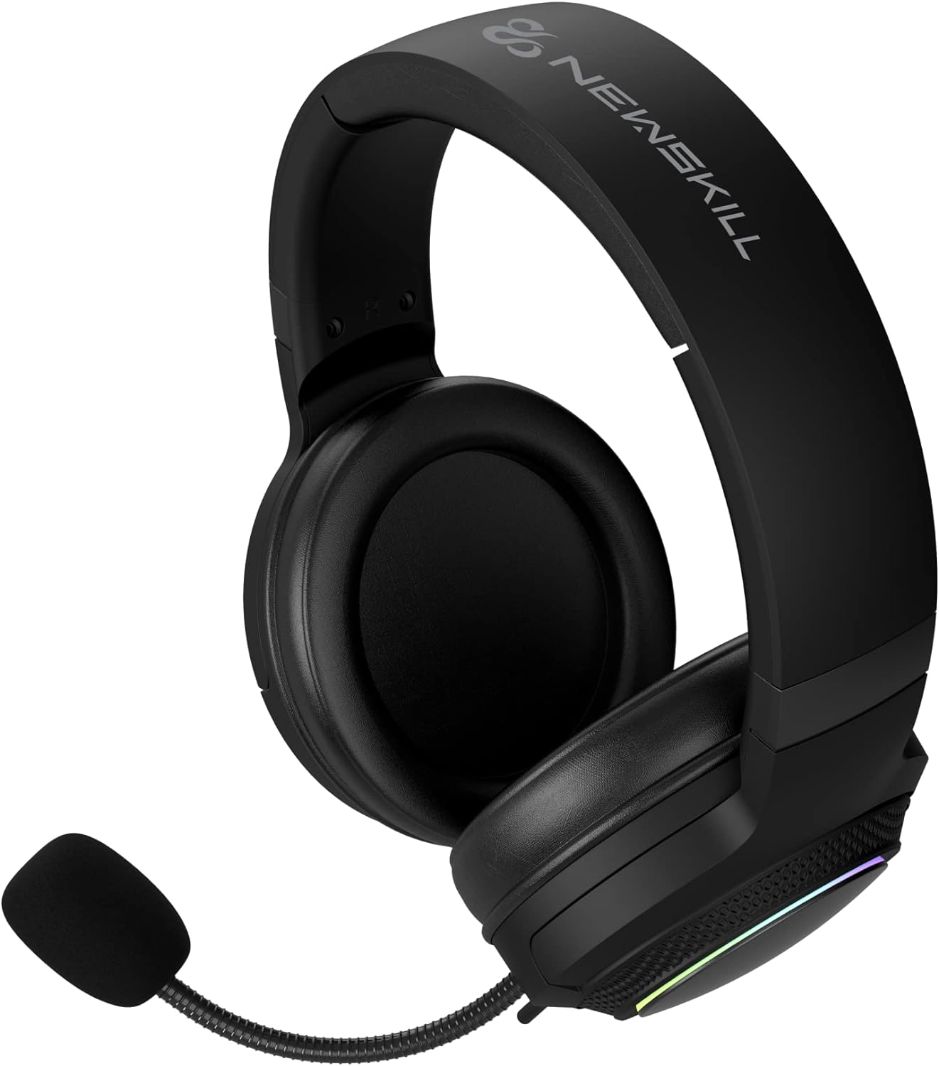 Auriculares gaming Newskill negros con micrófono, mostrando las almohadillas y la diadema.