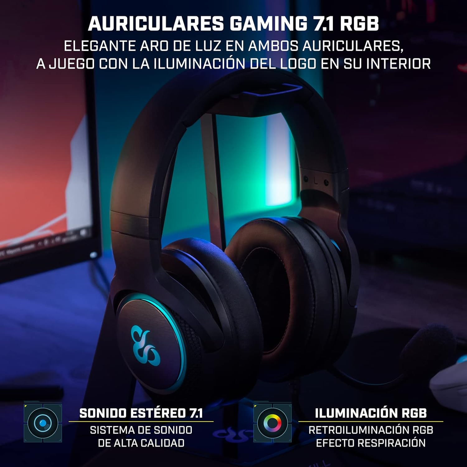 Auriculares gaming en soporte con iluminación RGB, texto en español. Colores negro y azul.