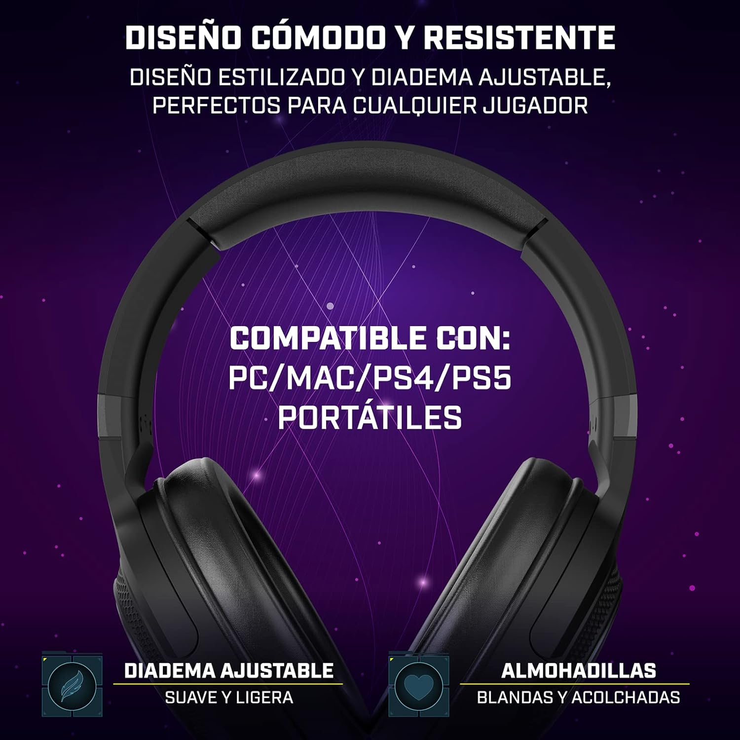 Auriculares negros con diadema ajustable y almohadillas suaves. Texto menciona PC/Mac/PS4/PS5.