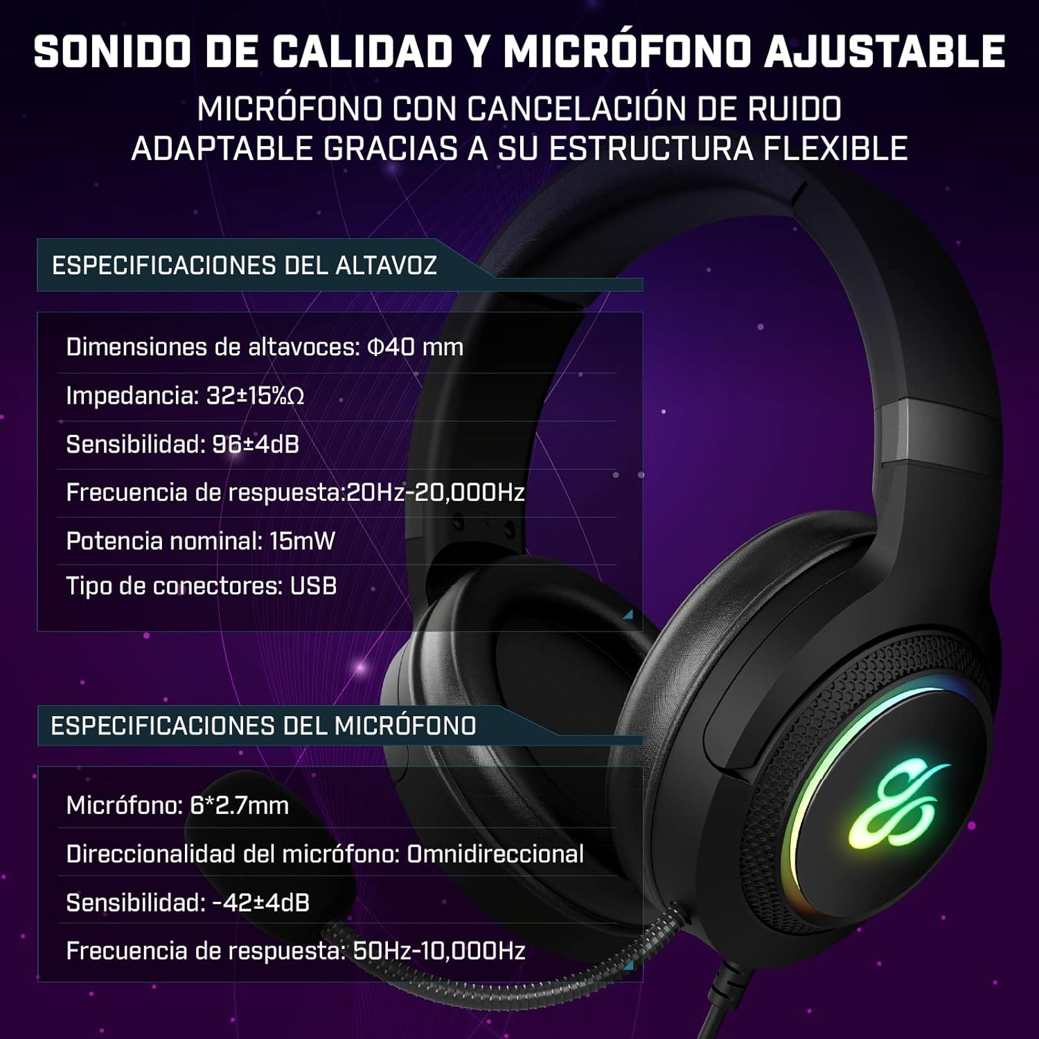 Auriculares gaming negros con luces coloridas, mostrando especificaciones del altavoz y micrófono.