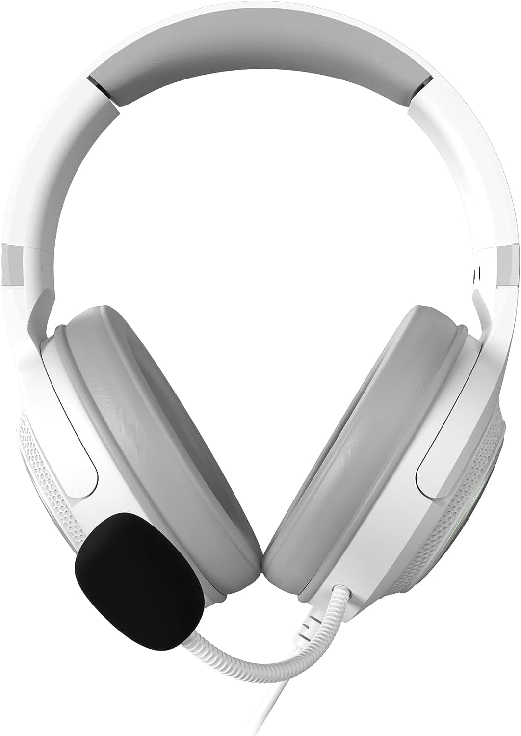 Se muestran auriculares blancos con almohadillas grises y un micrófono negro.