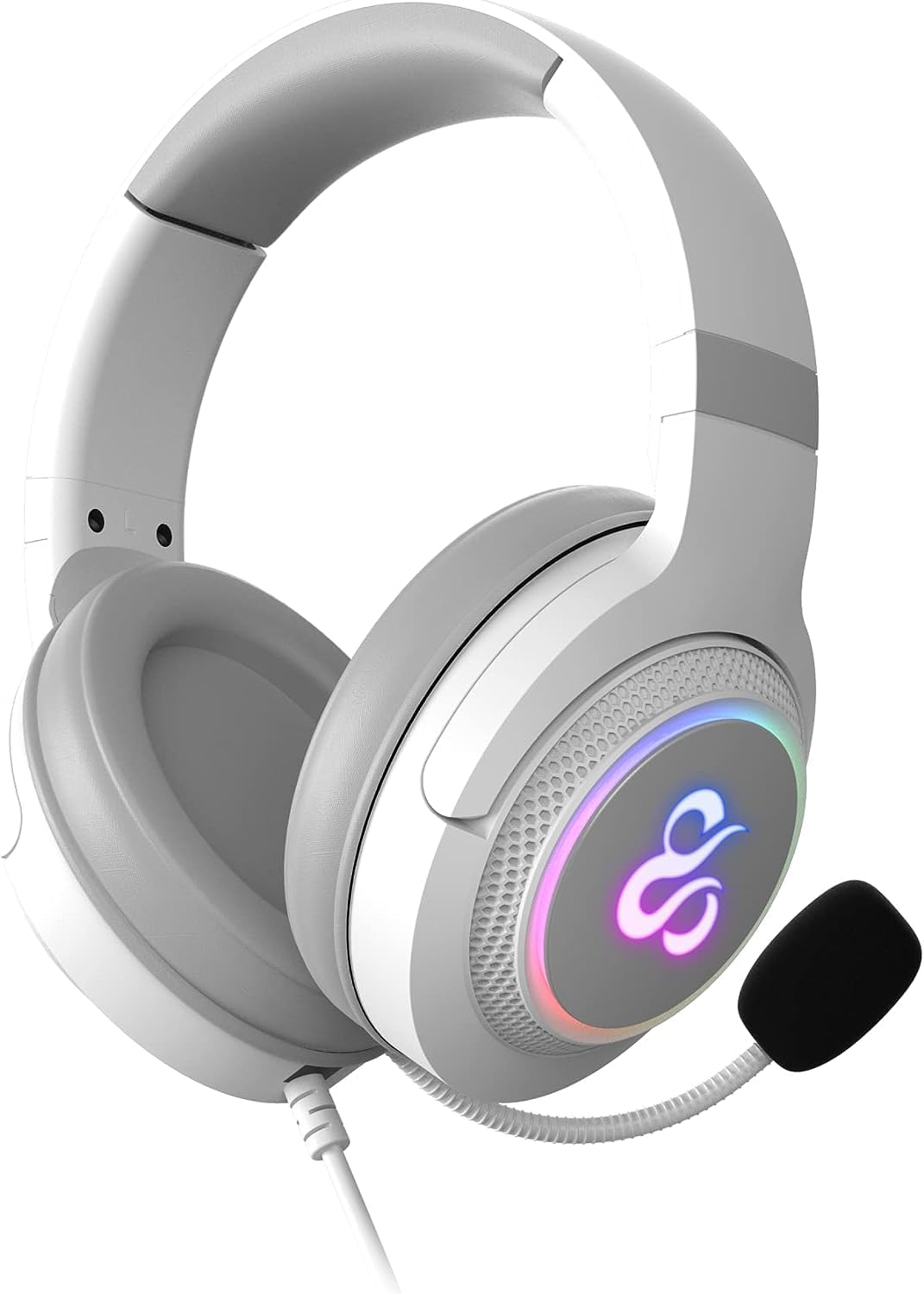 Auriculares gaming blancos con micrófono y luz colorida en la oreja.