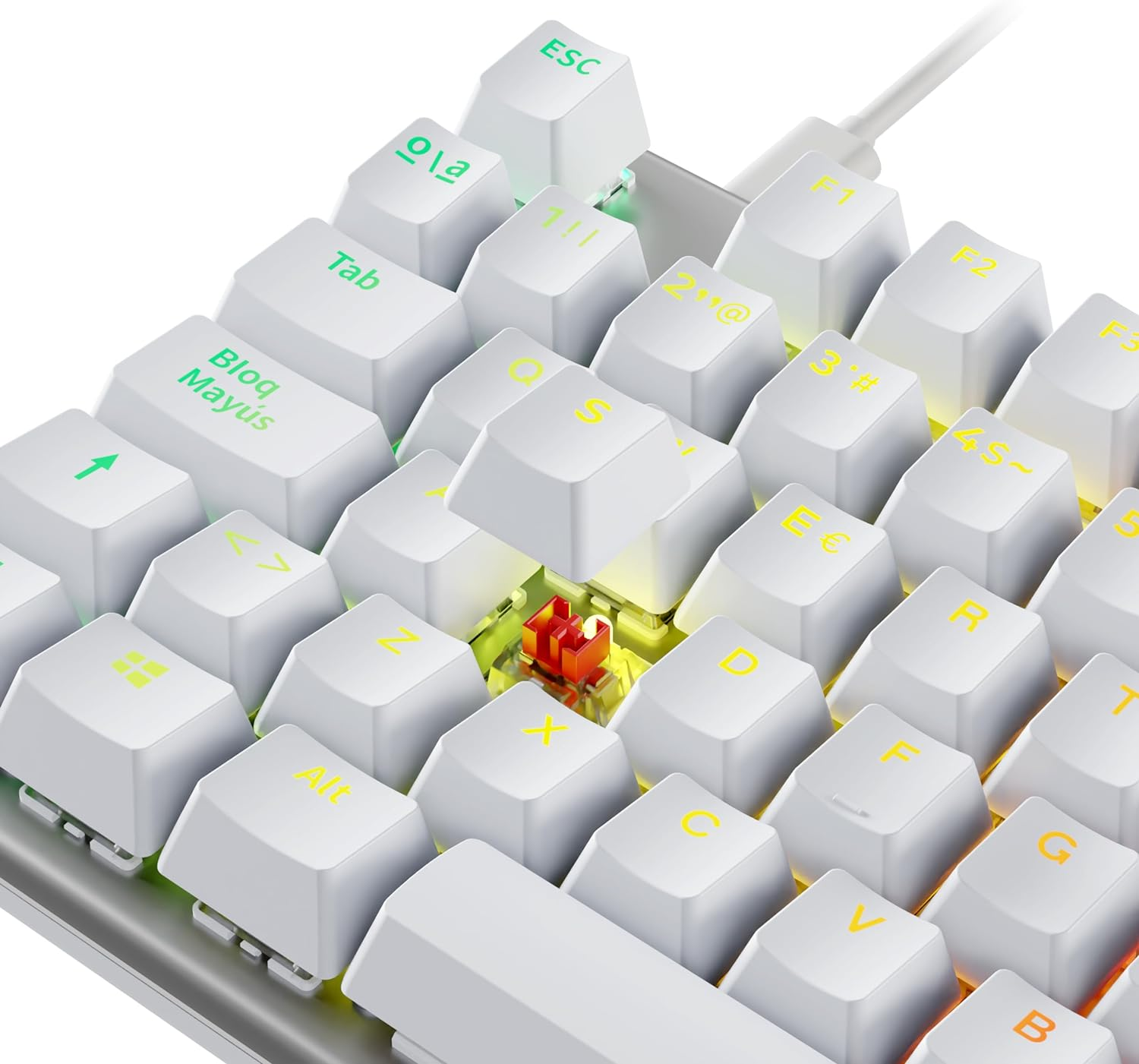 Primer plano de un teclado mecánico blanco, tecla retirada.