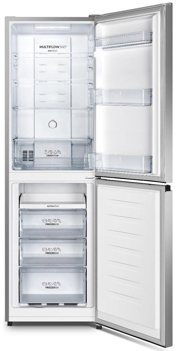 Otwarta lodówka. Wyświetla półki, szuflady i komorę zamrażarki. Białe wnętrze.