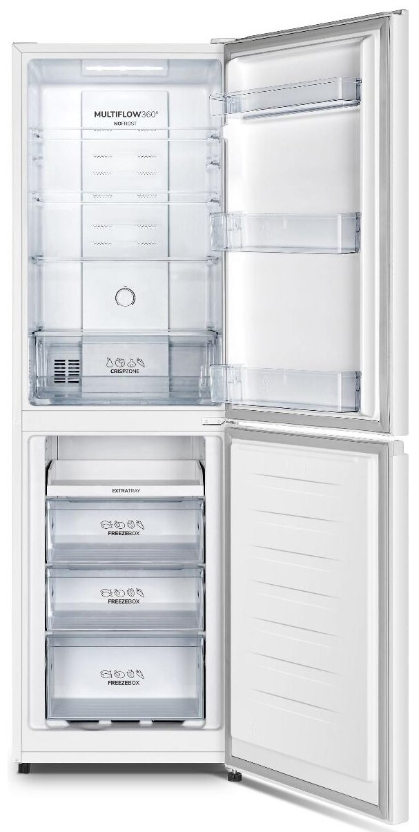 Biała lodówka z otwartymi drzwiami, pokazująca wnętrze. Są półki i szuflady.