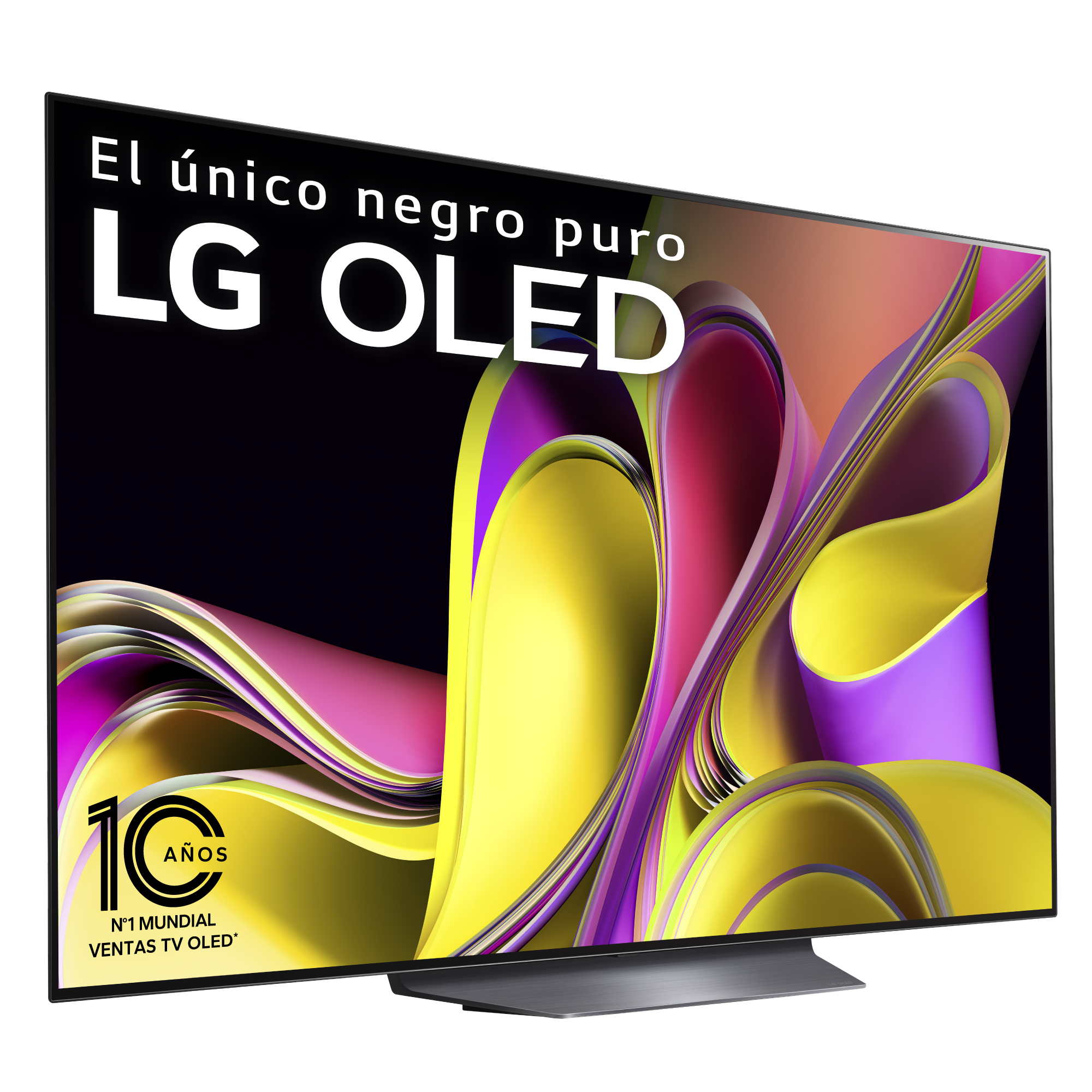 TV LG OLED, pantalla negra con diseño colorido y texto. Arriba está escrito "El único negro puro".