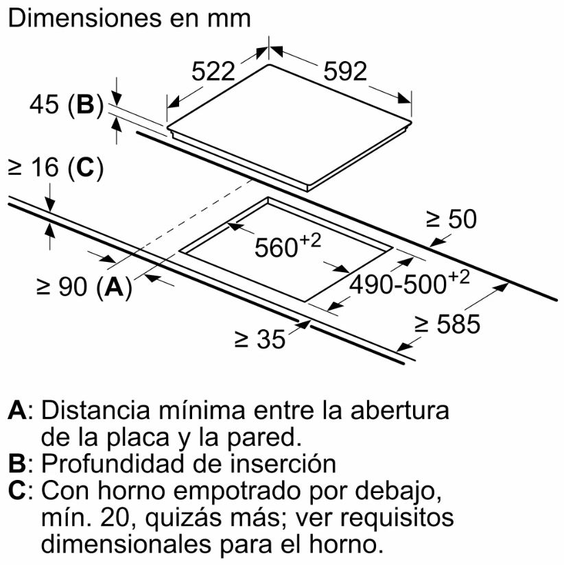 Diagrama con dimensiones para una placa de cocina. Incluye medidas en milímetros y texto en español.