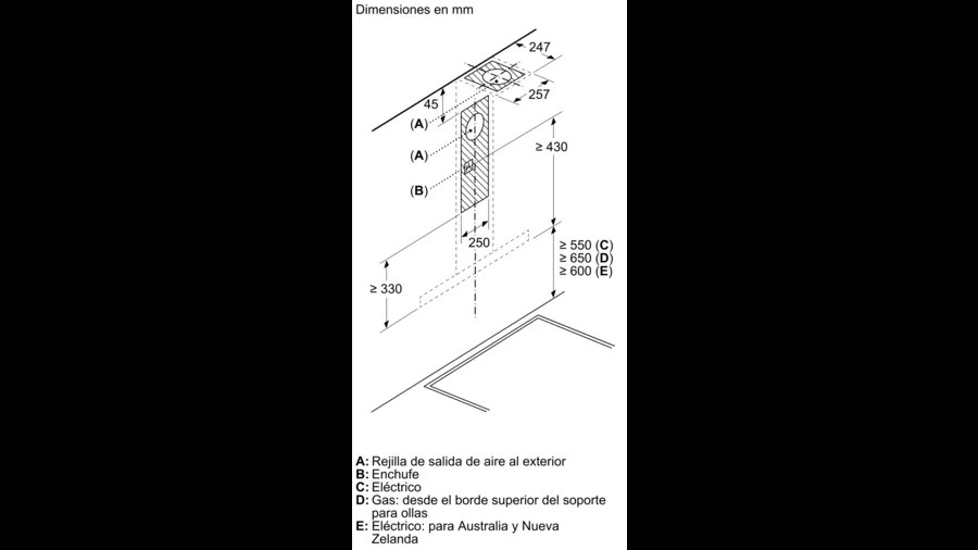Dibujo técnico de una campana extractora con dimensiones en mm. El fondo es blanco.