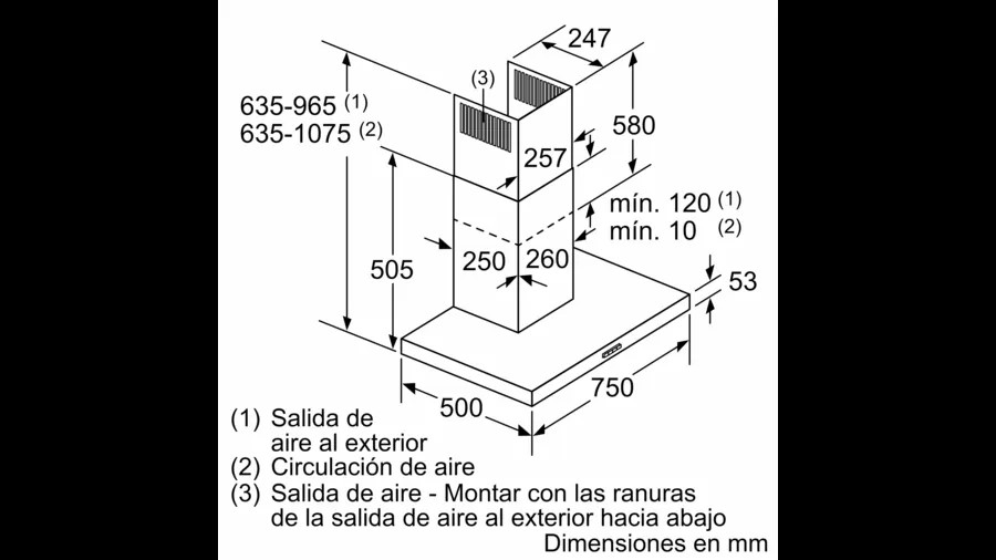 Dibujo técnico de una campana extractora Bosch, con dimensiones y etiquetas en español.