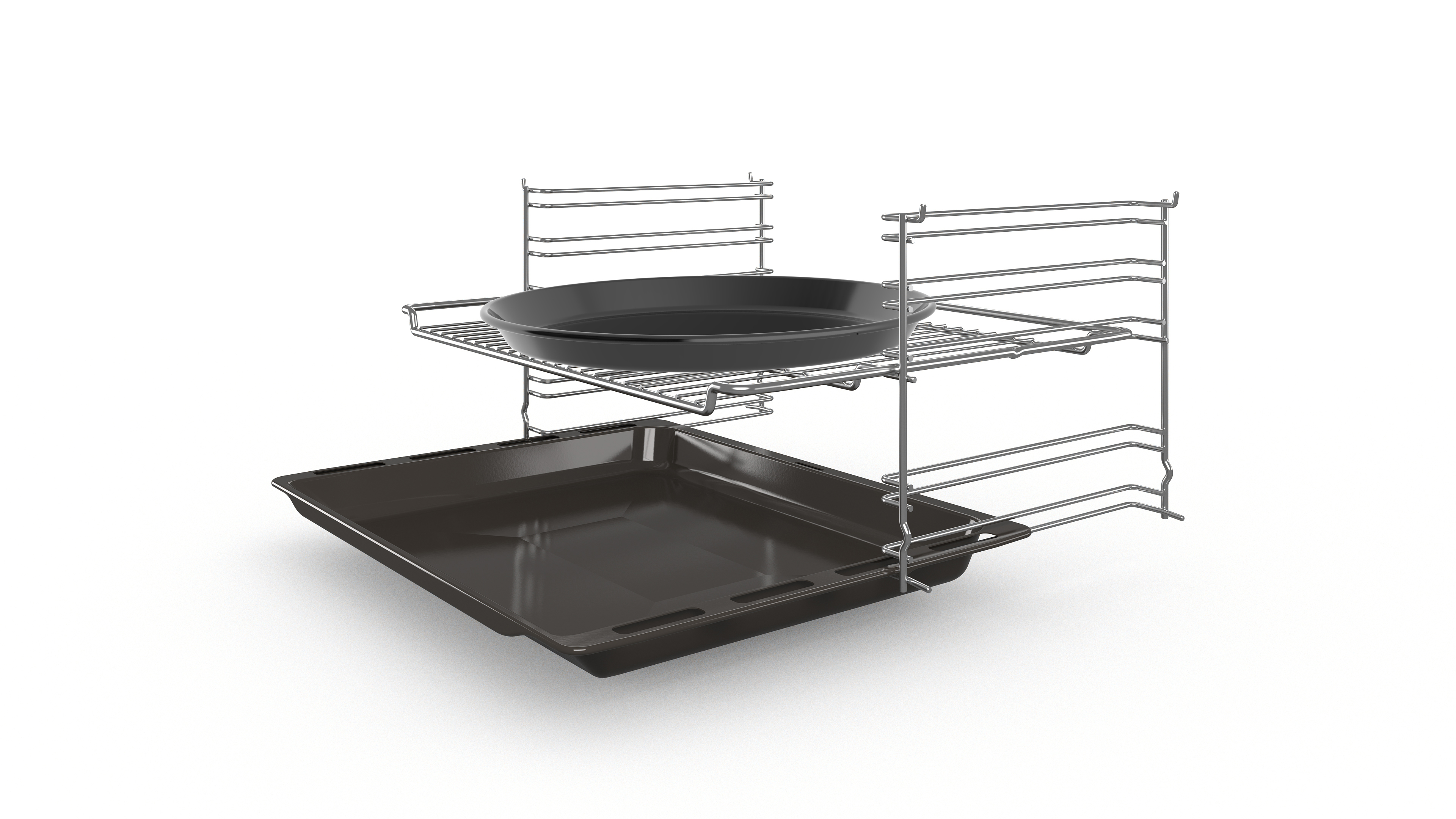 Las rejillas metálicas del horno sostienen una sartén redonda y una rectangular en el horno abierto.