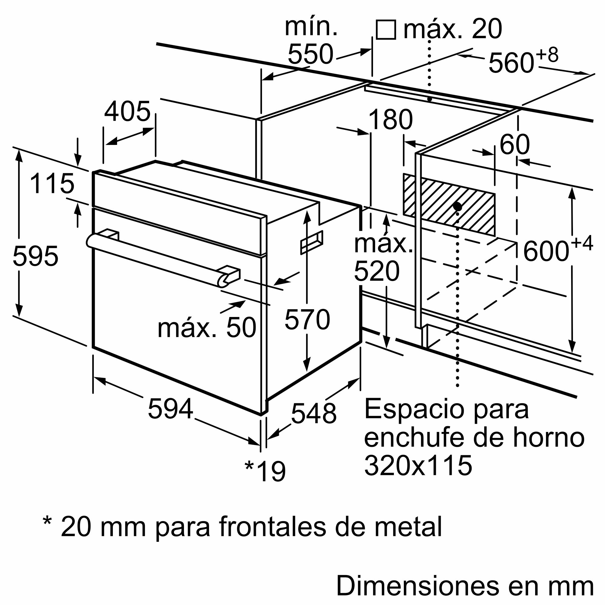 Un diagrama que ilustra las dimensiones de un horno empotrado, con medidas en milímetros.