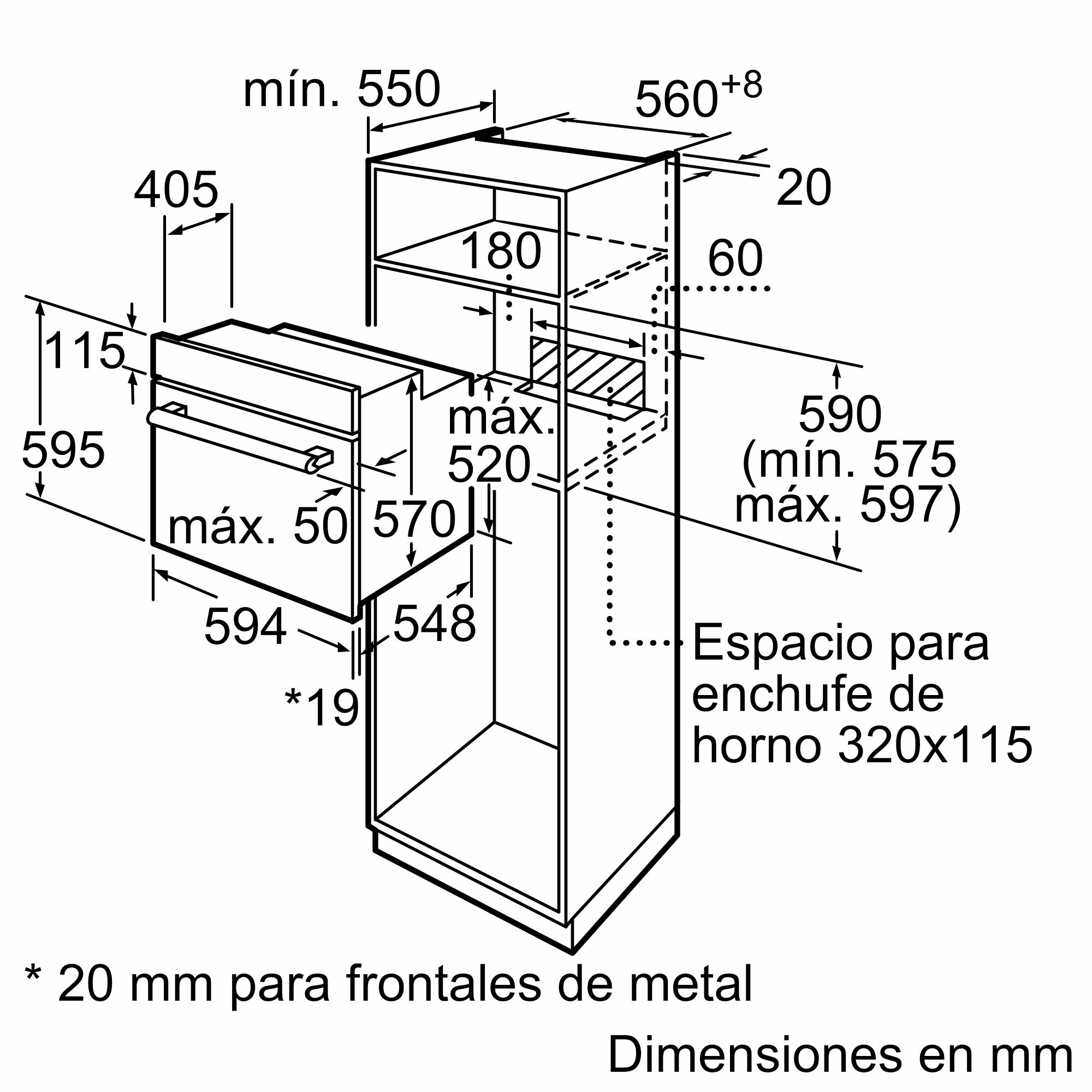 Diagrama de un horno con dimensiones en milímetros, con una línea punteada que indica el espacio.