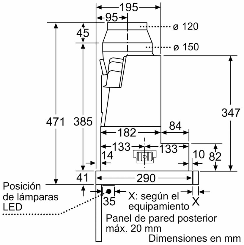 Dibujo técnico que muestra las dimensiones de un electrodoméstico de cocina, con etiquetas en español.