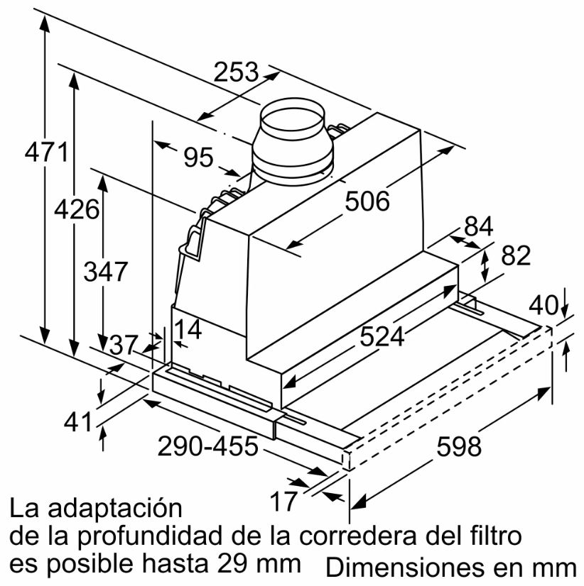 Un diagrama esquemático muestra las dimensiones de una campana extractora.