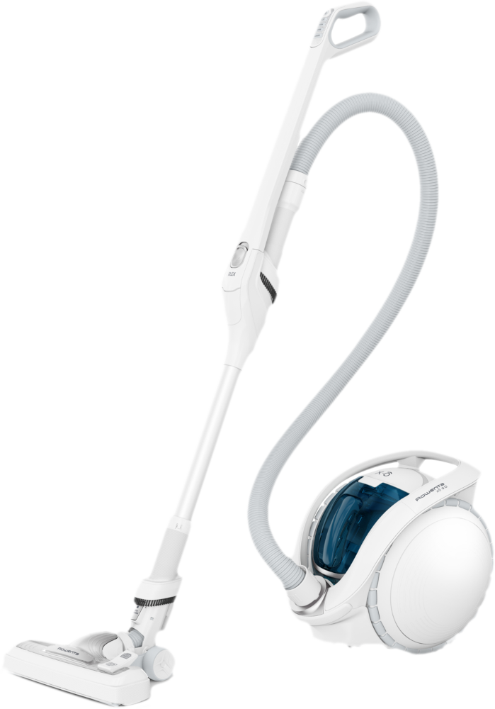 Een witte stofzuiger. Hij heeft een lange steel, een flexibele slang en een ronde basis met blauwe accenten. De merknaam is zichtbaar.