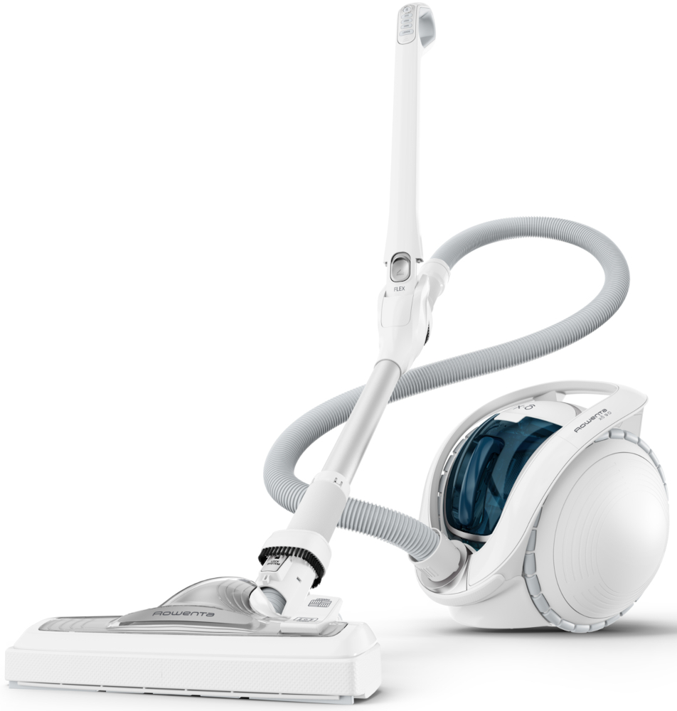 Een witte en grijze Rowenta stofzuiger. Het heeft een lange handgreep, een flexibele slang en een ronde behuizing met een blauw compartiment.