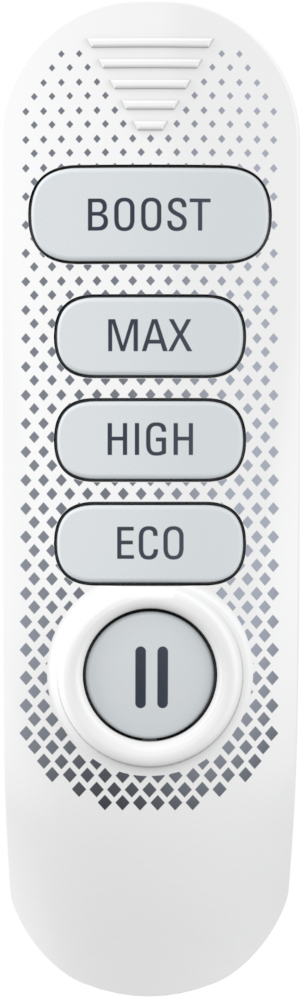 Witte afstandsbediening met knoppen BOOST, MAX, HIGH, ECO en een pauzeknop. Diamantpatroon bovenaan.
