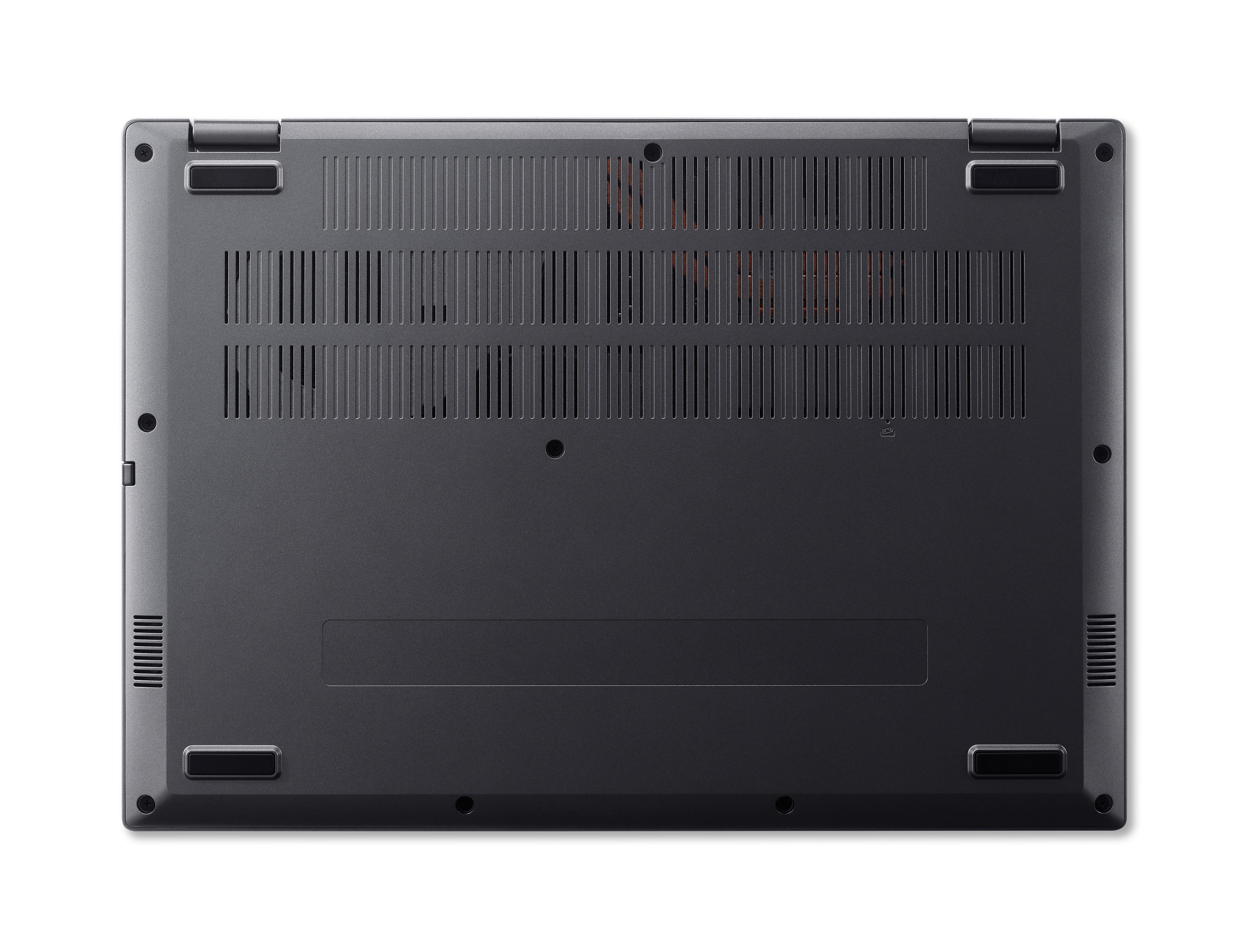 Laptop-Unterseite mit Lüftungsgittern und Gummifüßen. Schwarz und grau.