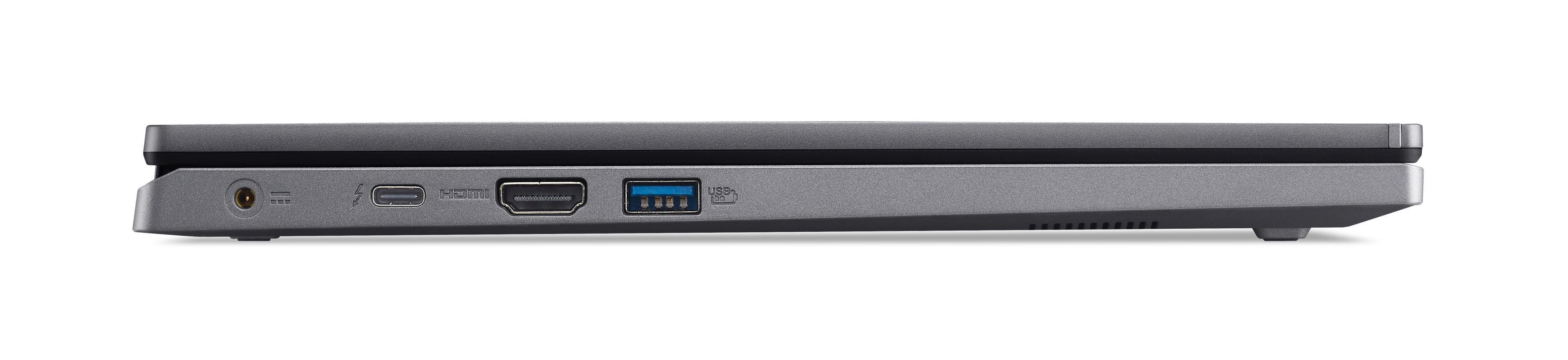 Seitenansicht eines Laptops mit Anschlüssen. Graue Farbe.
