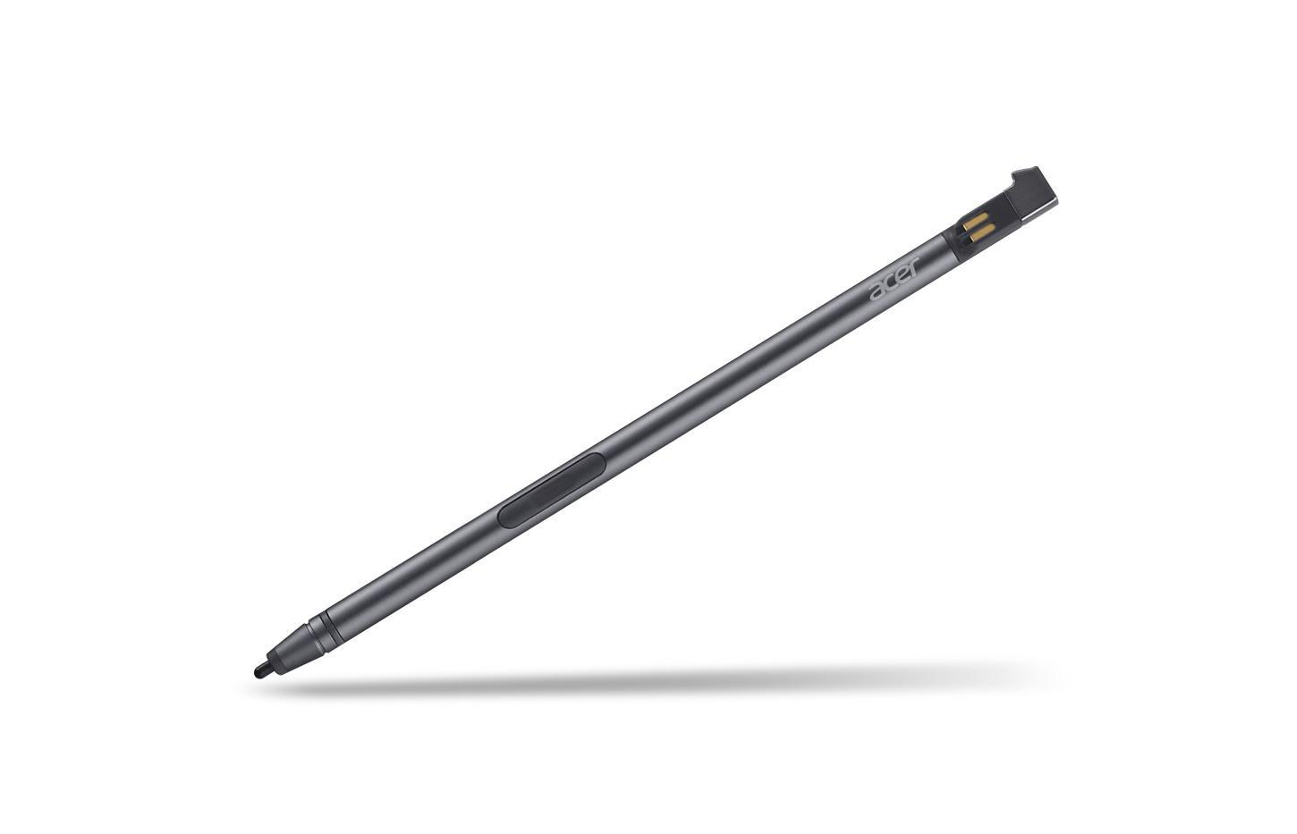 Ein dunkelgrauer Eingabestift auf weißem Hintergrund.