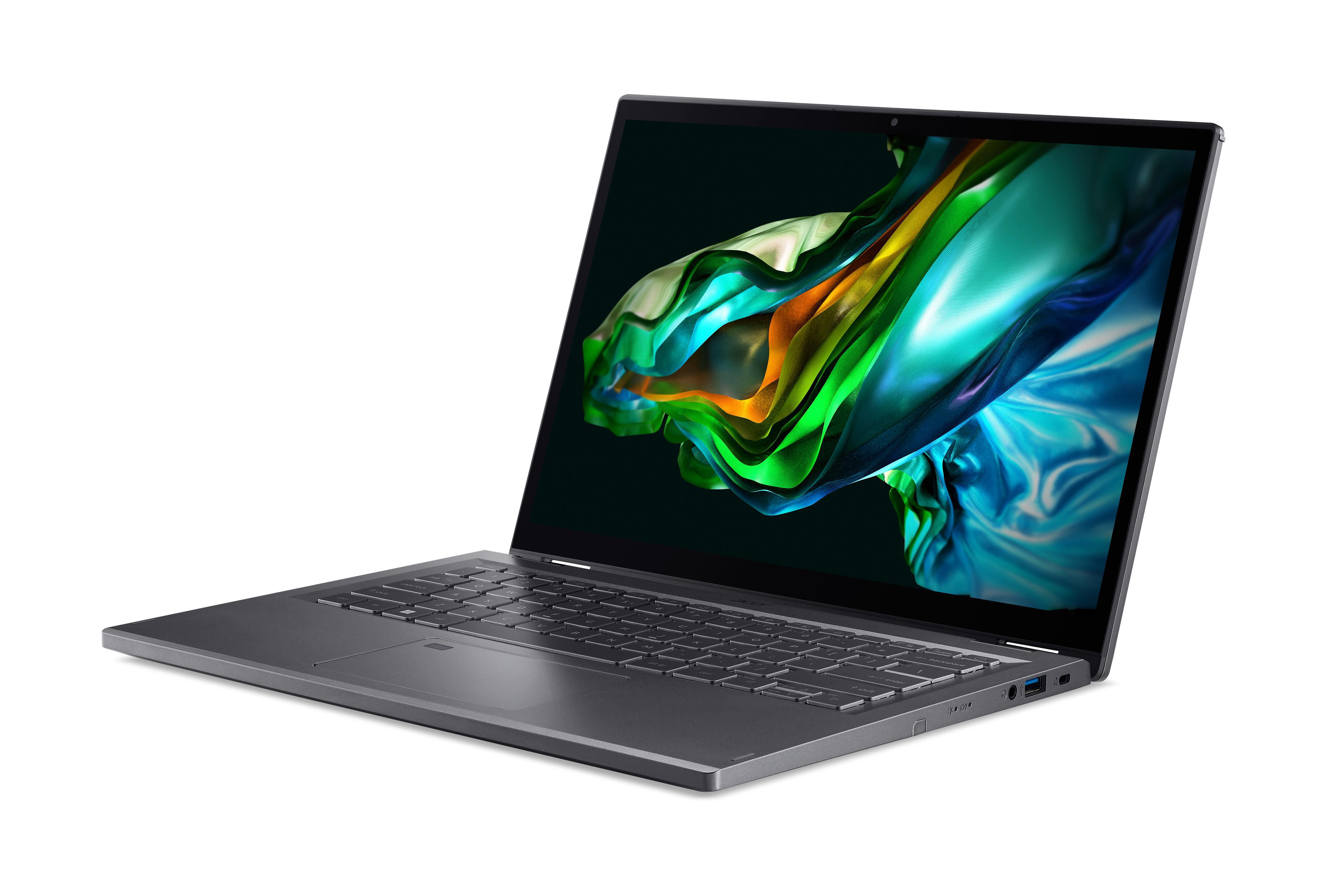 Ein grauer Laptop mit einem Bildschirm, der ein lebendiges, abstraktes Bild anzeigt.