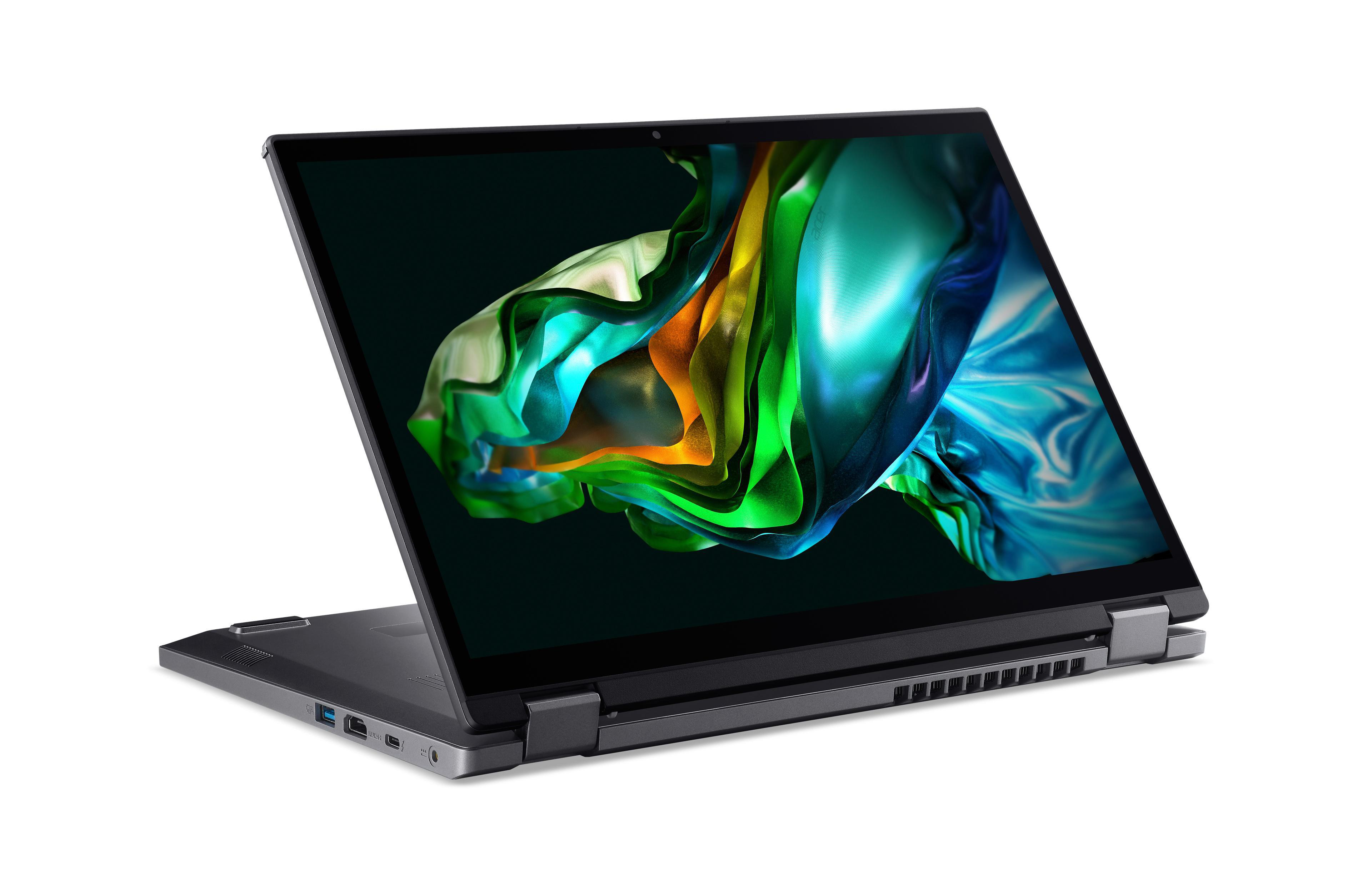 Geöffnetes Acer Laptop, das ein farbenfrohes abstraktes Bild vor weißem Hintergrund zeigt.