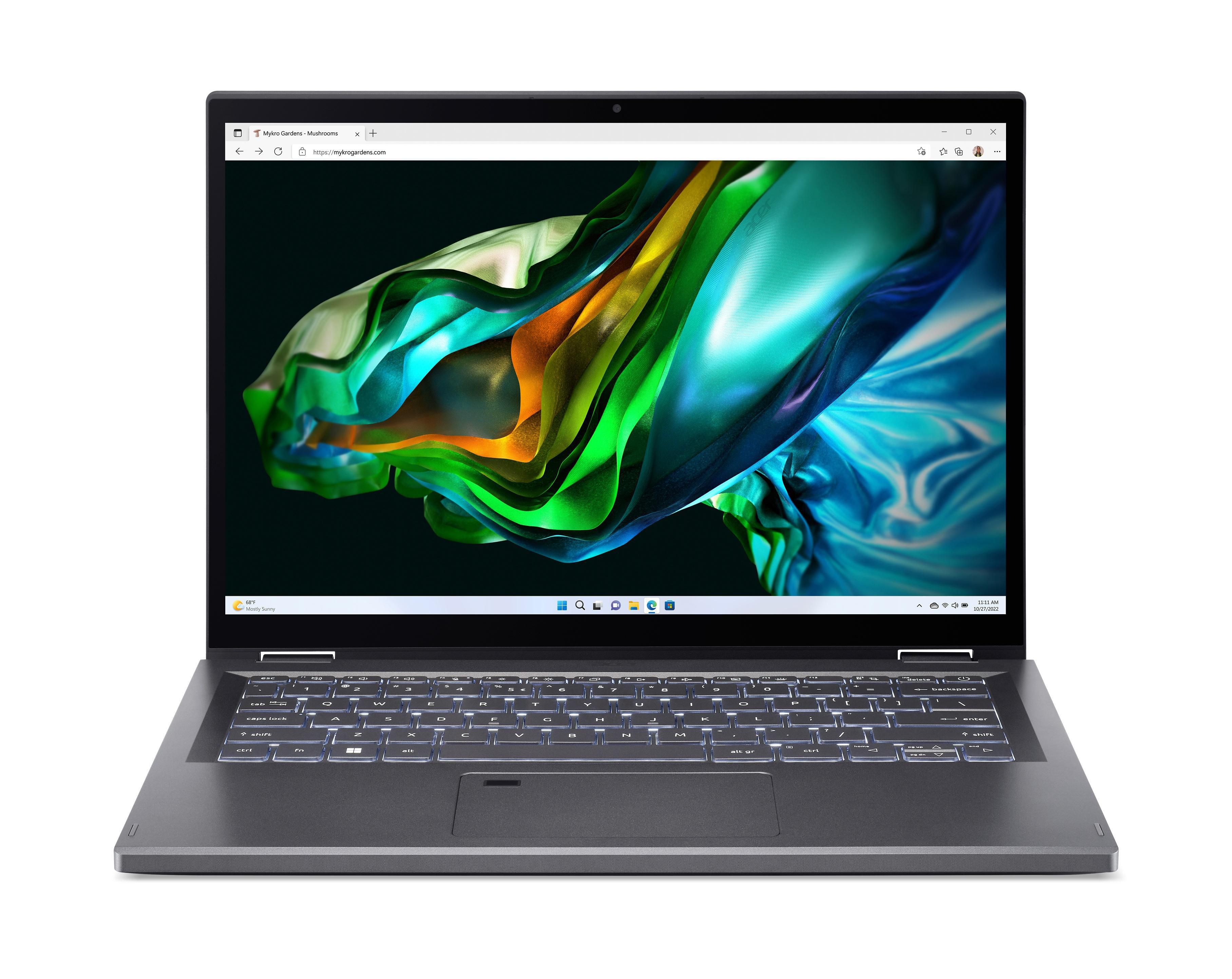 Laptop mit farbenfrohem Bildschirm und Tastatur. Der Laptop ist geöffnet und zeigt eine Webseite.