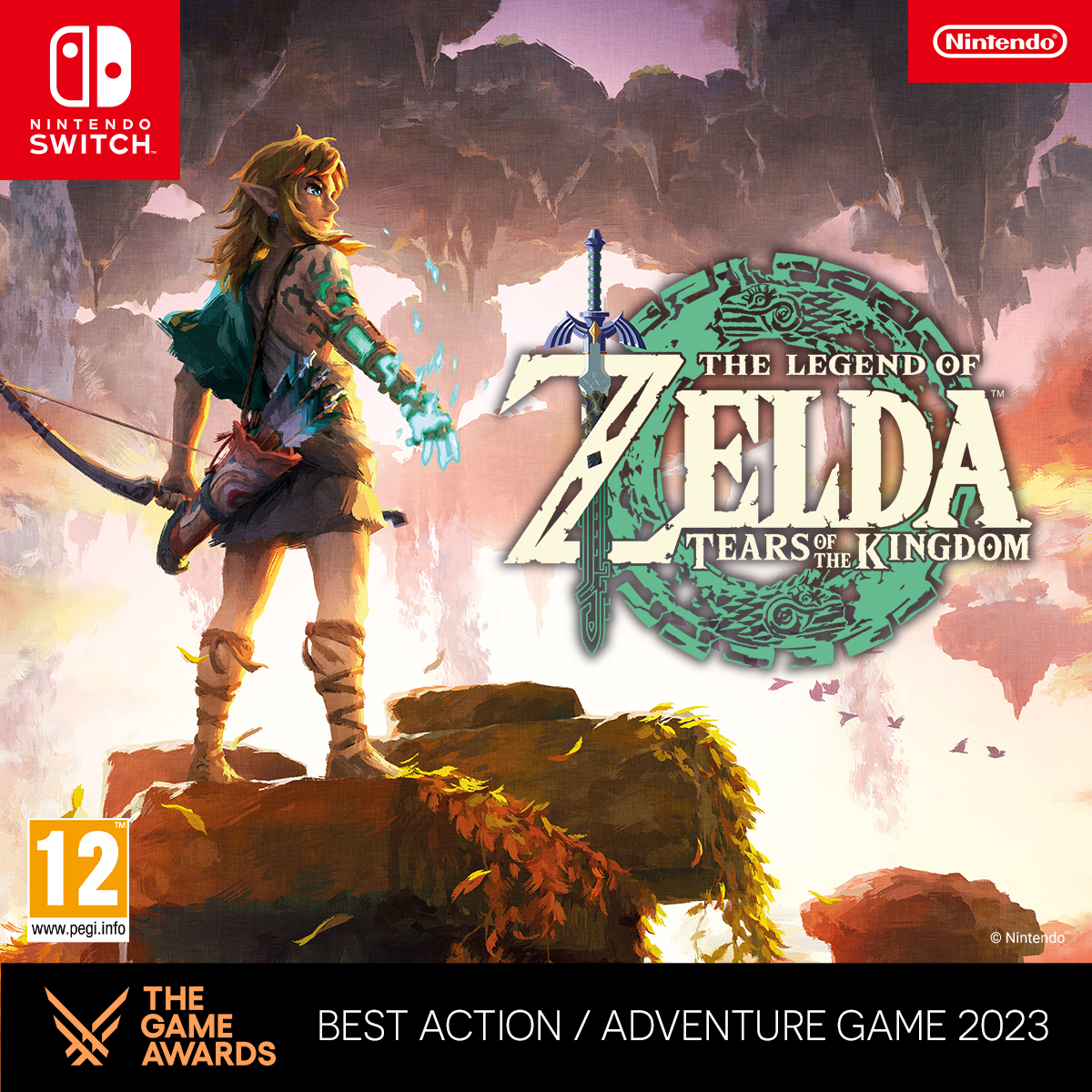Scatola del gioco di The Legend of Zelda: Tears of the Kingdom. Raffigura Link con un arco.